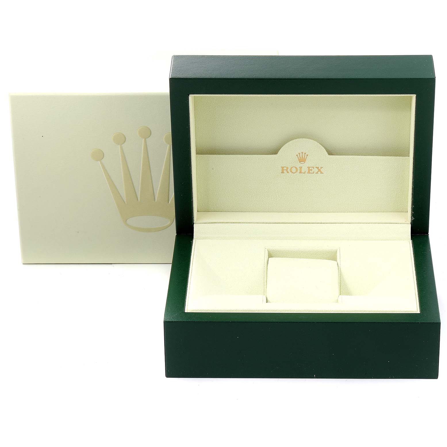 This image shows a Rolex Yacht-Master 16622 Men
s Stainless Steel Silver Dial 16622 Men
s Stainless Steel Silver Dial model
s open watch box with a soft beige interior and a green outer case.