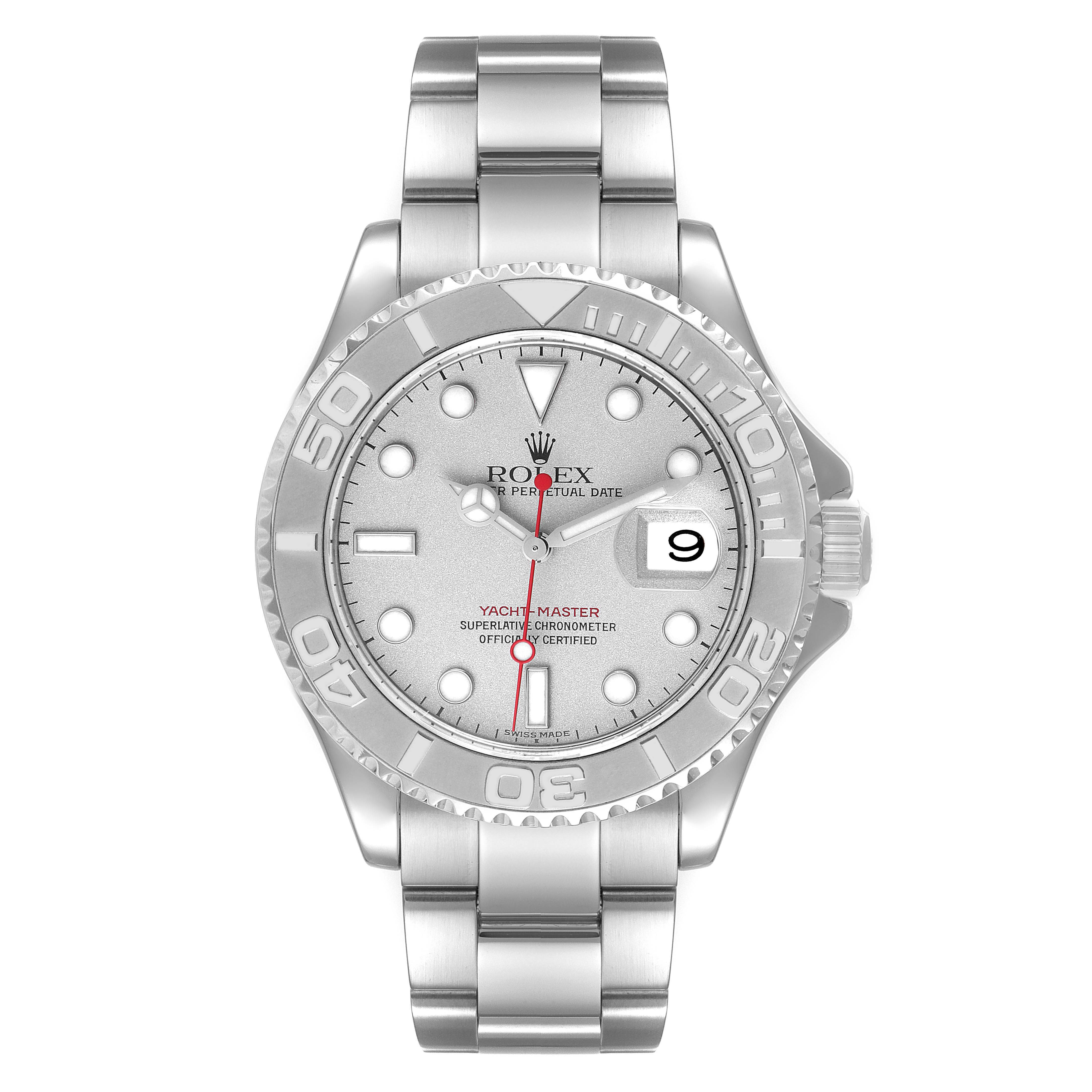 The Rolex Yacht-Master 16622 Men's Stainless Steel Silver Dial 16622 Men's Stainless Steel Silver Dial watch is shown from a front view, displaying its dial, bezel, bracelet, and crown.