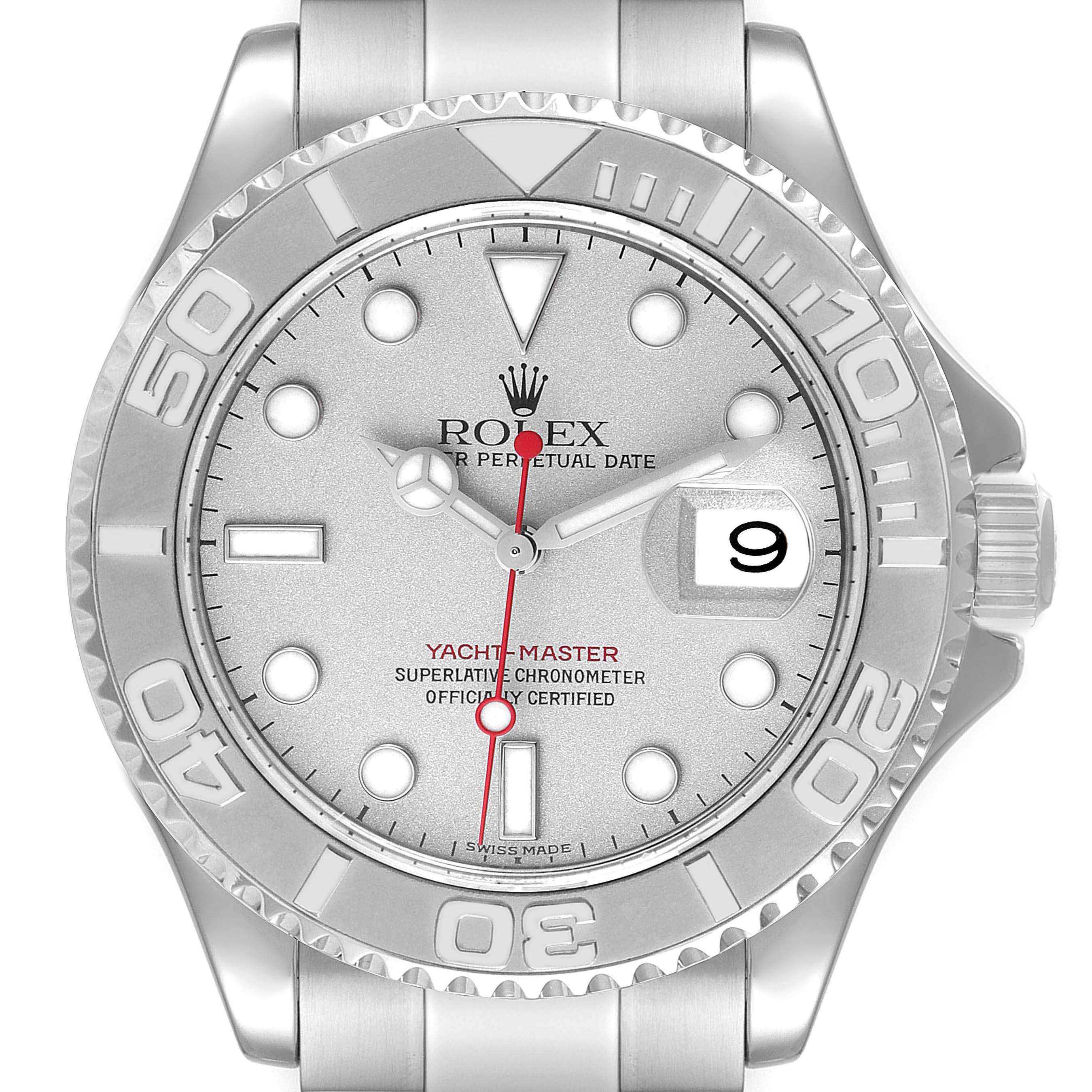 The image shows a front view of the Rolex Yacht-Master 16622 Men's Stainless Steel Silver Dial 16622 Men's Stainless Steel Silver Dial watch, displaying the dial, bezel, and bracelet.