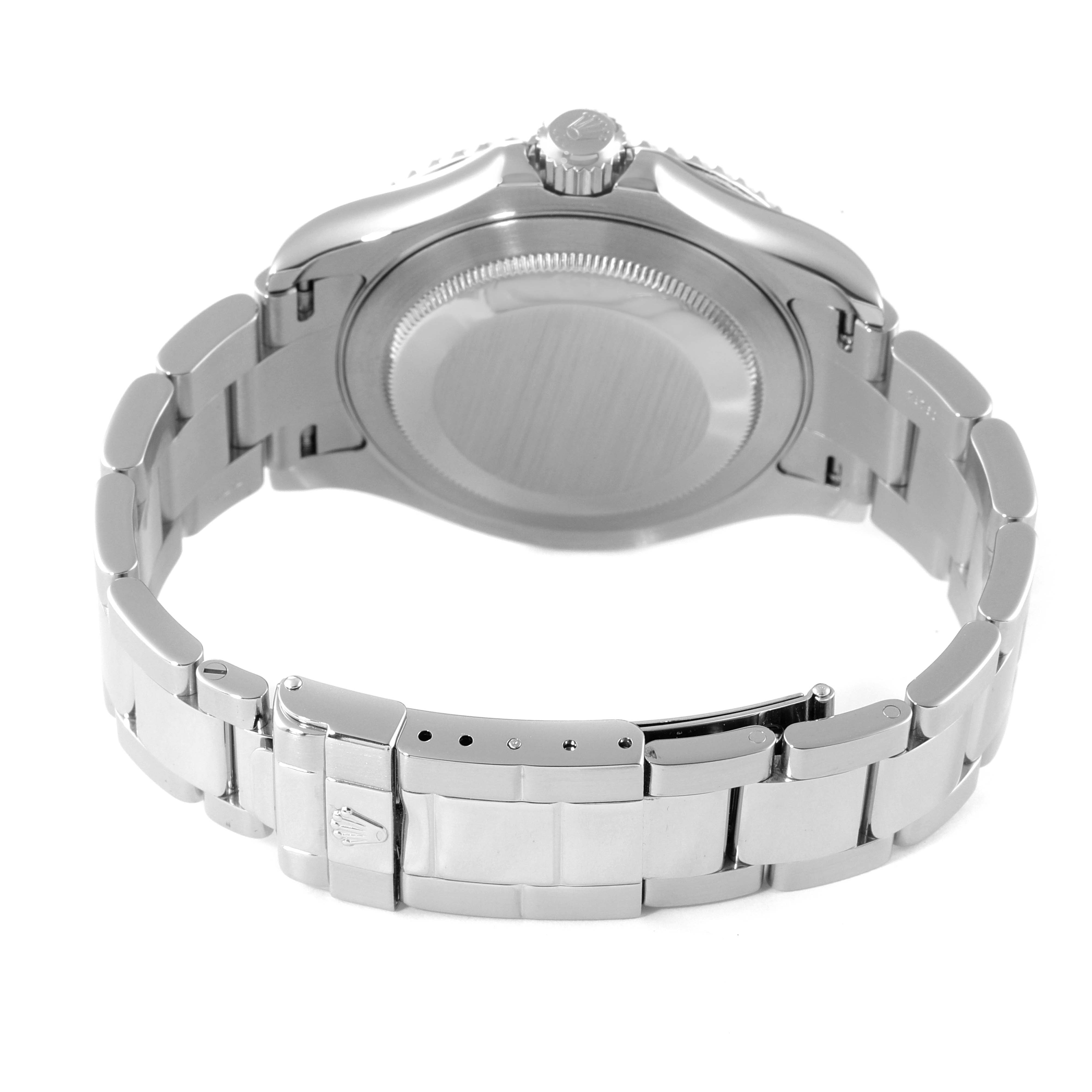 The image shows the back and bracelet of a Rolex Yacht-Master 16622 Men's Stainless Steel Silver Dial 16622 Men's Stainless Steel Silver Dial watch from an overhead angle.