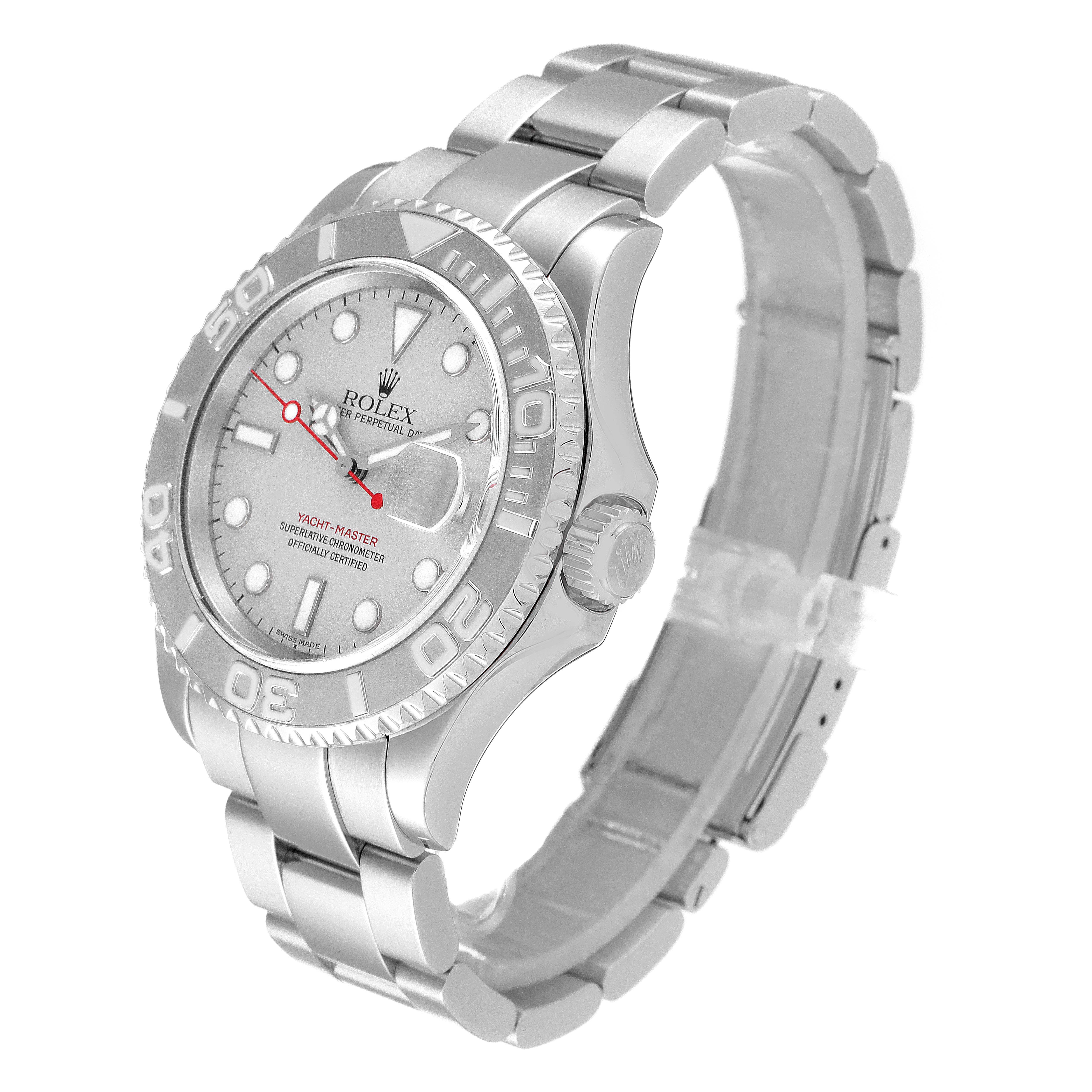 The image shows a Rolex Yacht-Master 16622 Men's Stainless Steel Silver Dial 16622 Men's Stainless Steel Silver Dial watch from a three-quarter angle, highlighting the dial, bezel, and bracelet.