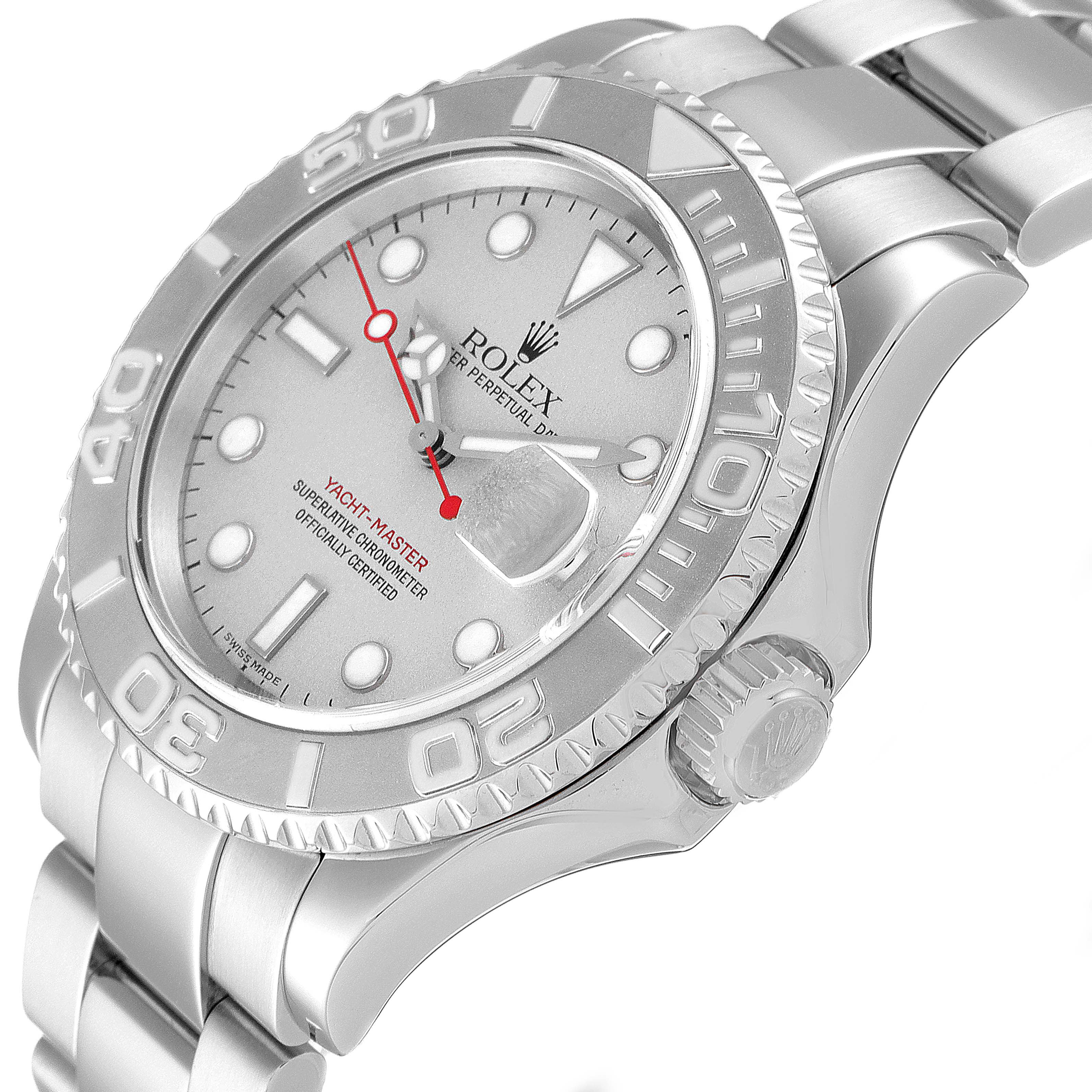 The image shows a Rolex Yacht-Master 16622 Men's Stainless Steel Silver Dial 16622 Men's Stainless Steel Silver Dial watch angled slightly from the front, highlighting the bezel, crown, dial, and bracelet.