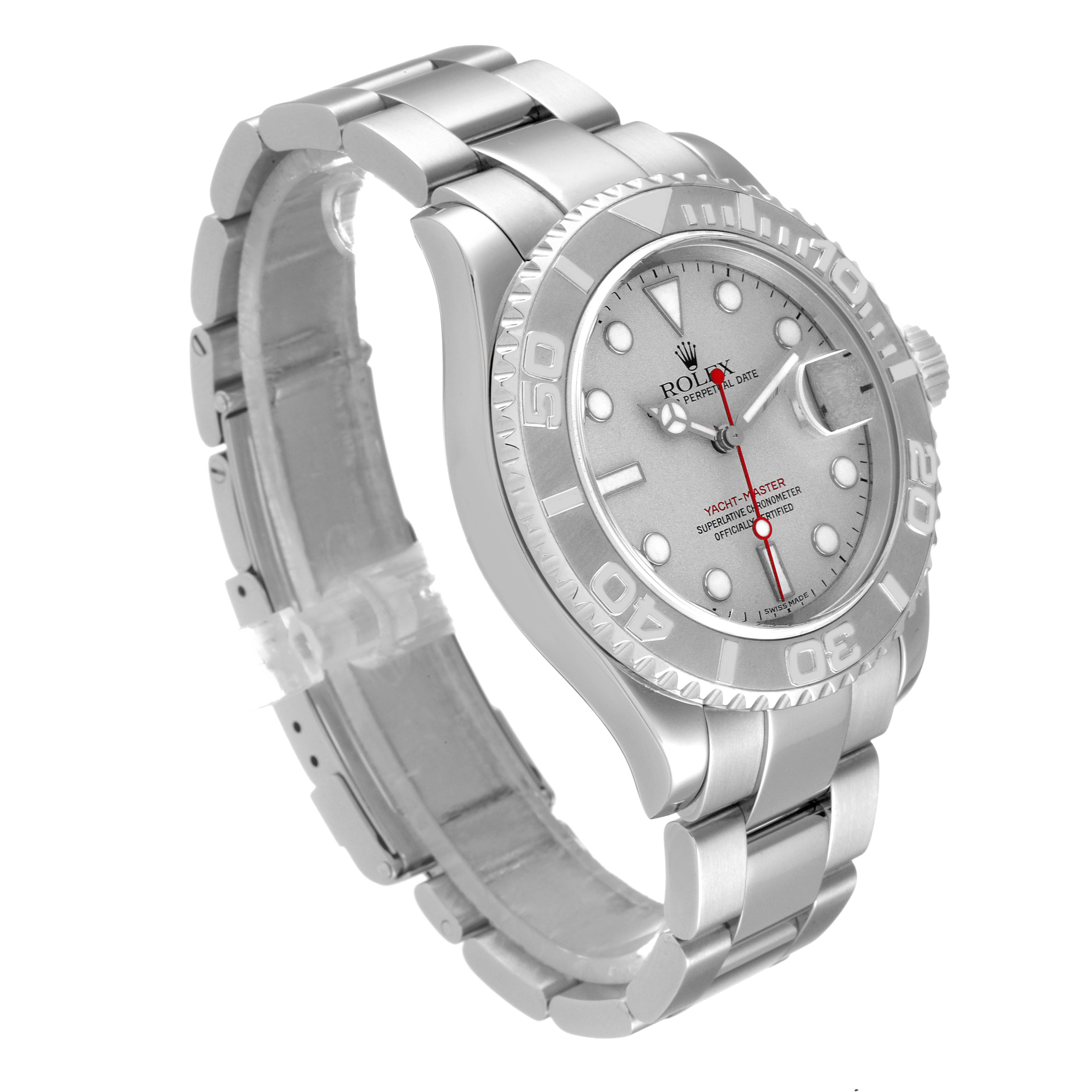 This image shows a Rolex Yacht-Master 16622 Men's Stainless Steel Silver Dial 16622 Men's Stainless Steel Silver Dial watch at a left-angled view, displaying the face, bezel, and full bracelet.