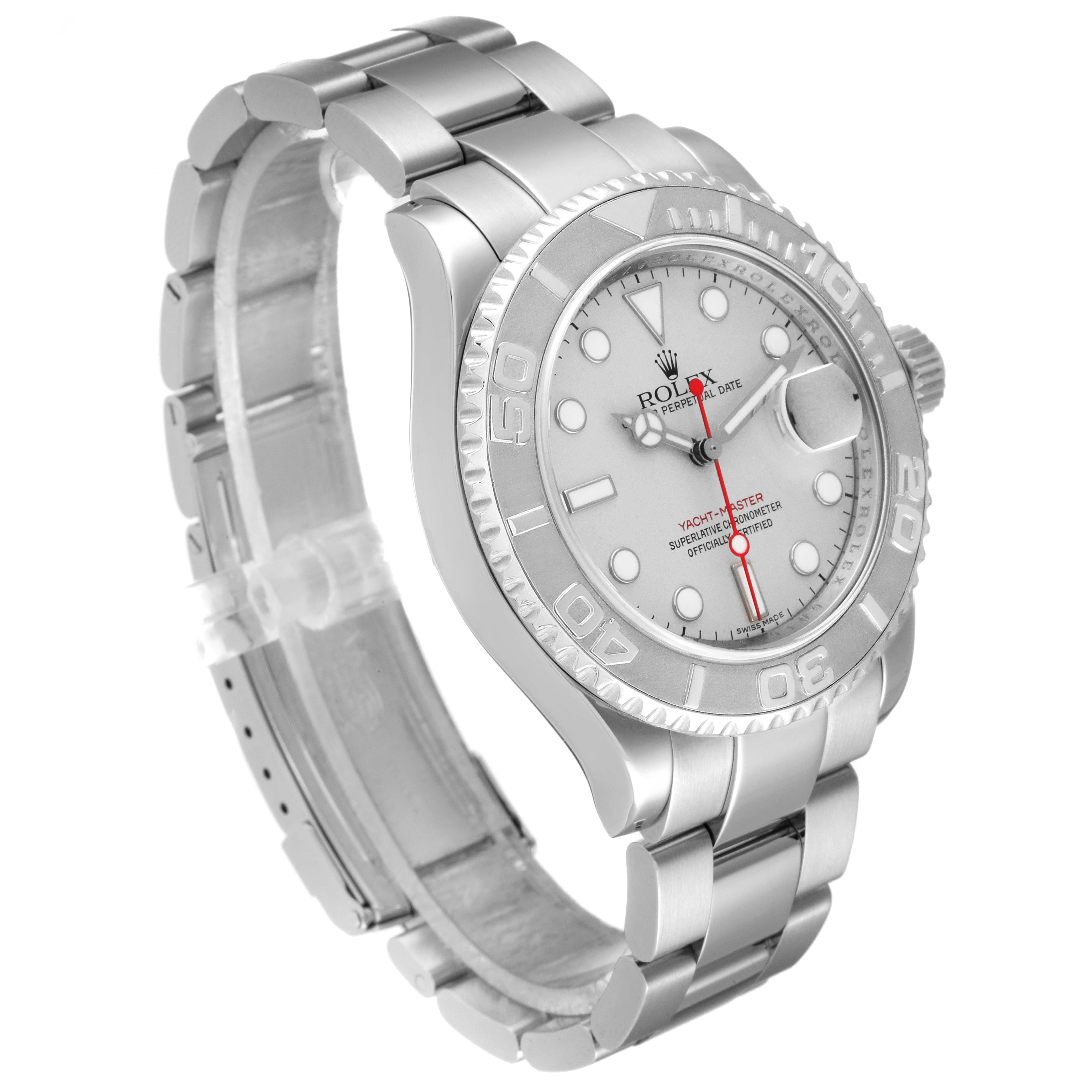 The Rolex Yacht-Master 16622 Men's Stainless Steel Silver Dial 16622 Men's Stainless Steel Silver Dial watch is shown at a three-quarter angle, displaying the face, bezel, crown, and bracelet.