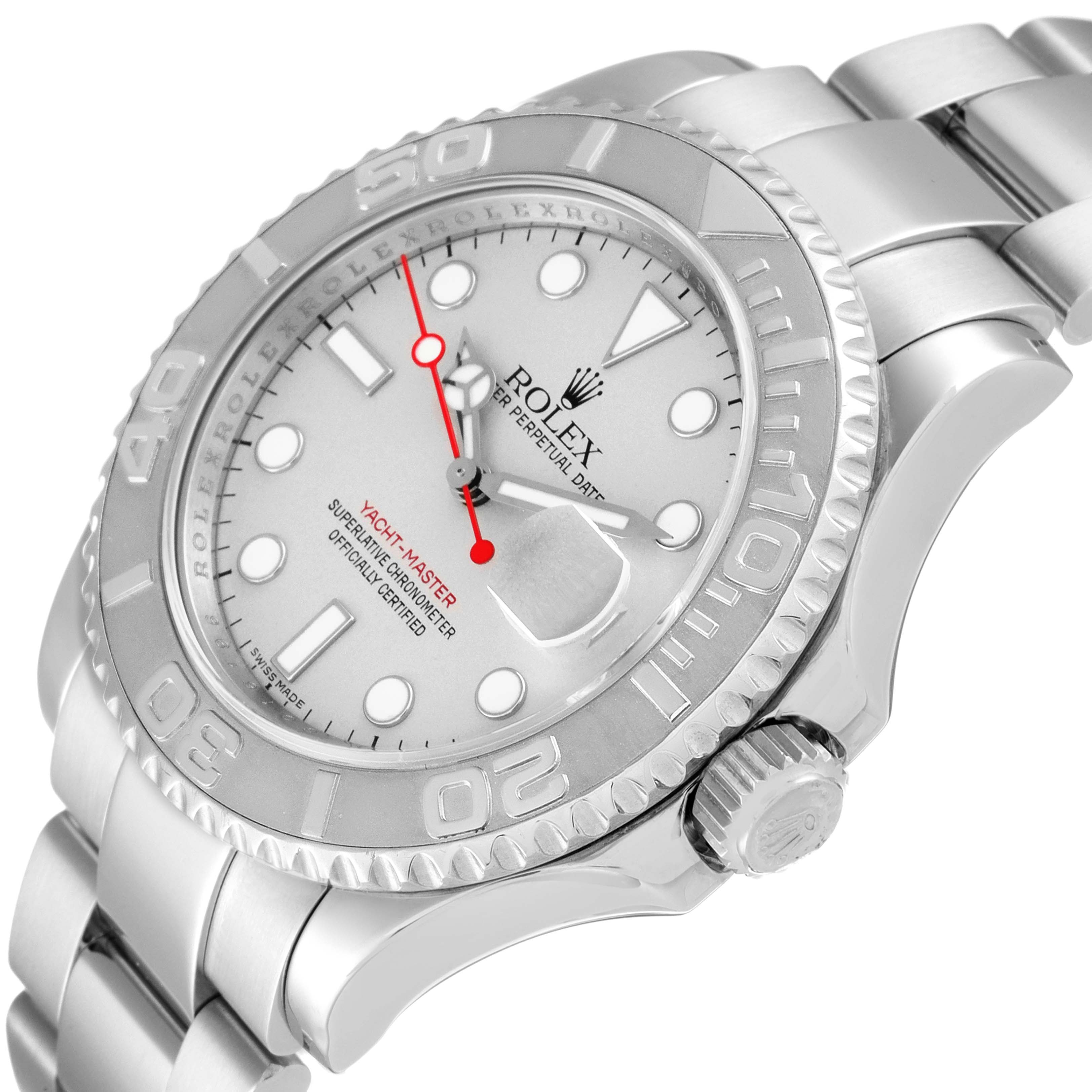 The image shows a close-up angled view of the Rolex Yacht-Master 16622 Men's Stainless Steel Silver Dial 16622 Men's Stainless Steel Silver Dial watch, highlighting the dial, bezel, crown, and part of the bracelet.