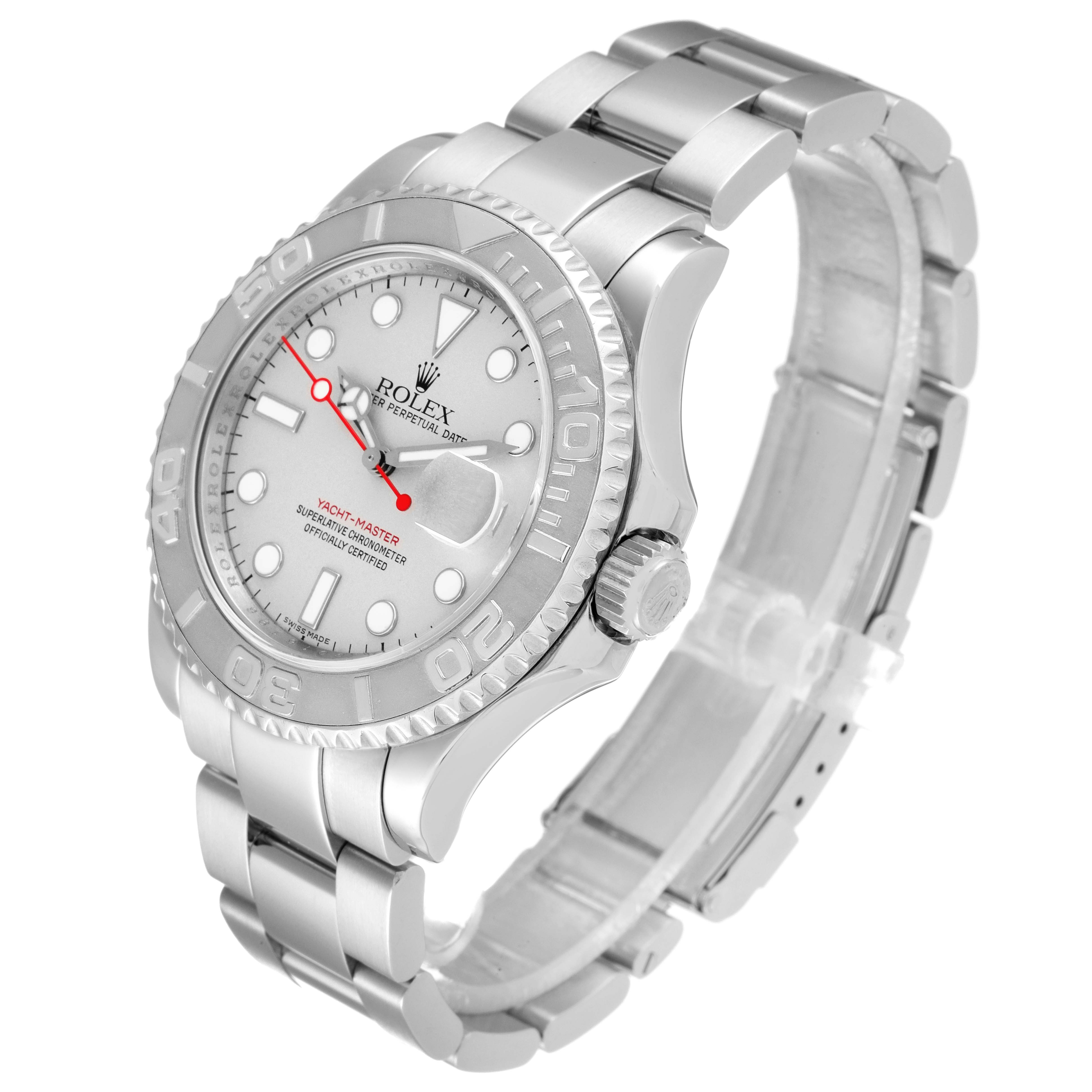 The Rolex Yacht-Master 16622 Men's Stainless Steel Silver Dial 16622 Men's Stainless Steel Silver Dial watch is shown at a three-quarter angle, highlighting its face, bezel, and stainless steel bracelet.