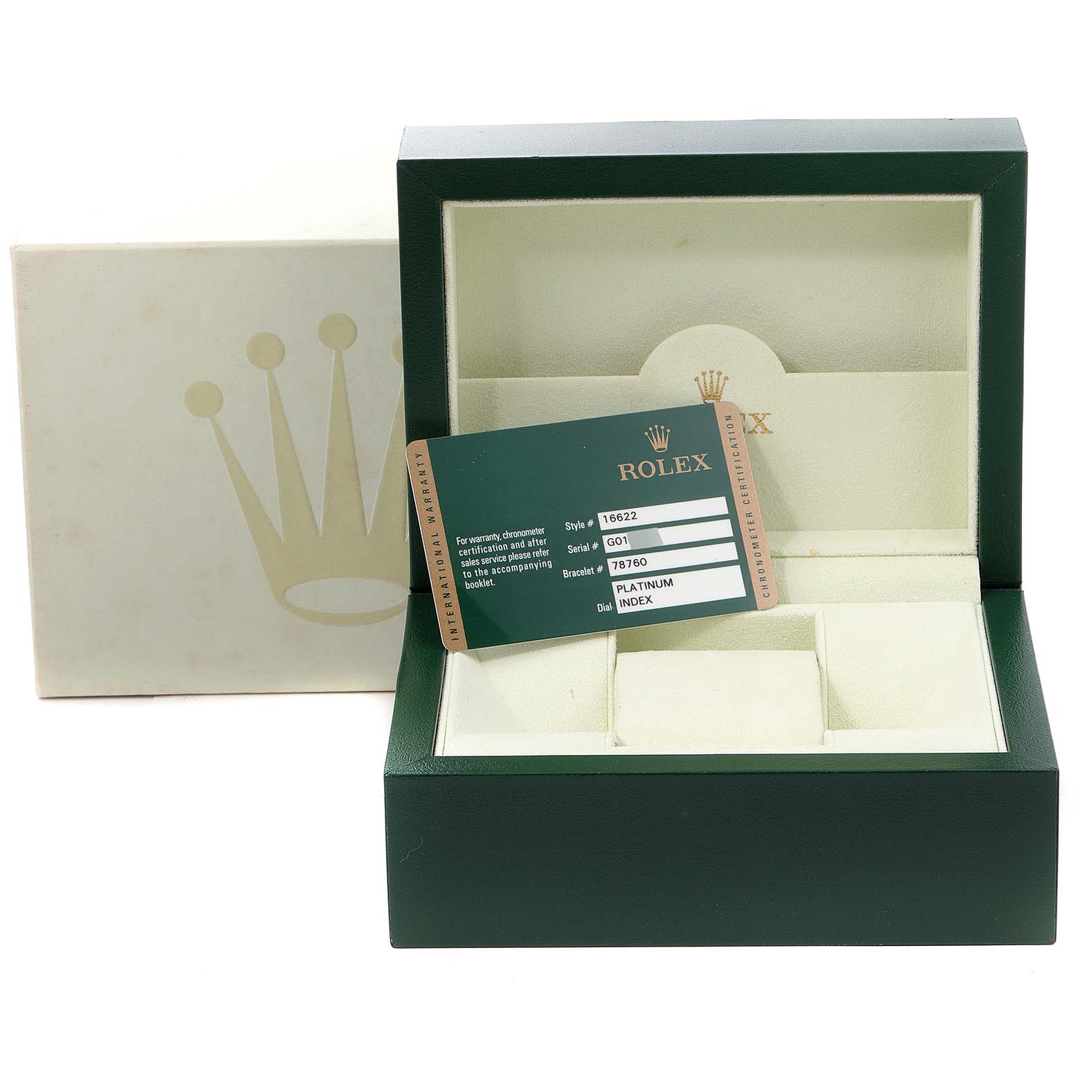 The image shows a Rolex Yacht-Master 16622 Men's Stainless Steel Silver Dial 16622 Men's Stainless Steel Silver Dial watch box with a warranty card and the outer packaging.