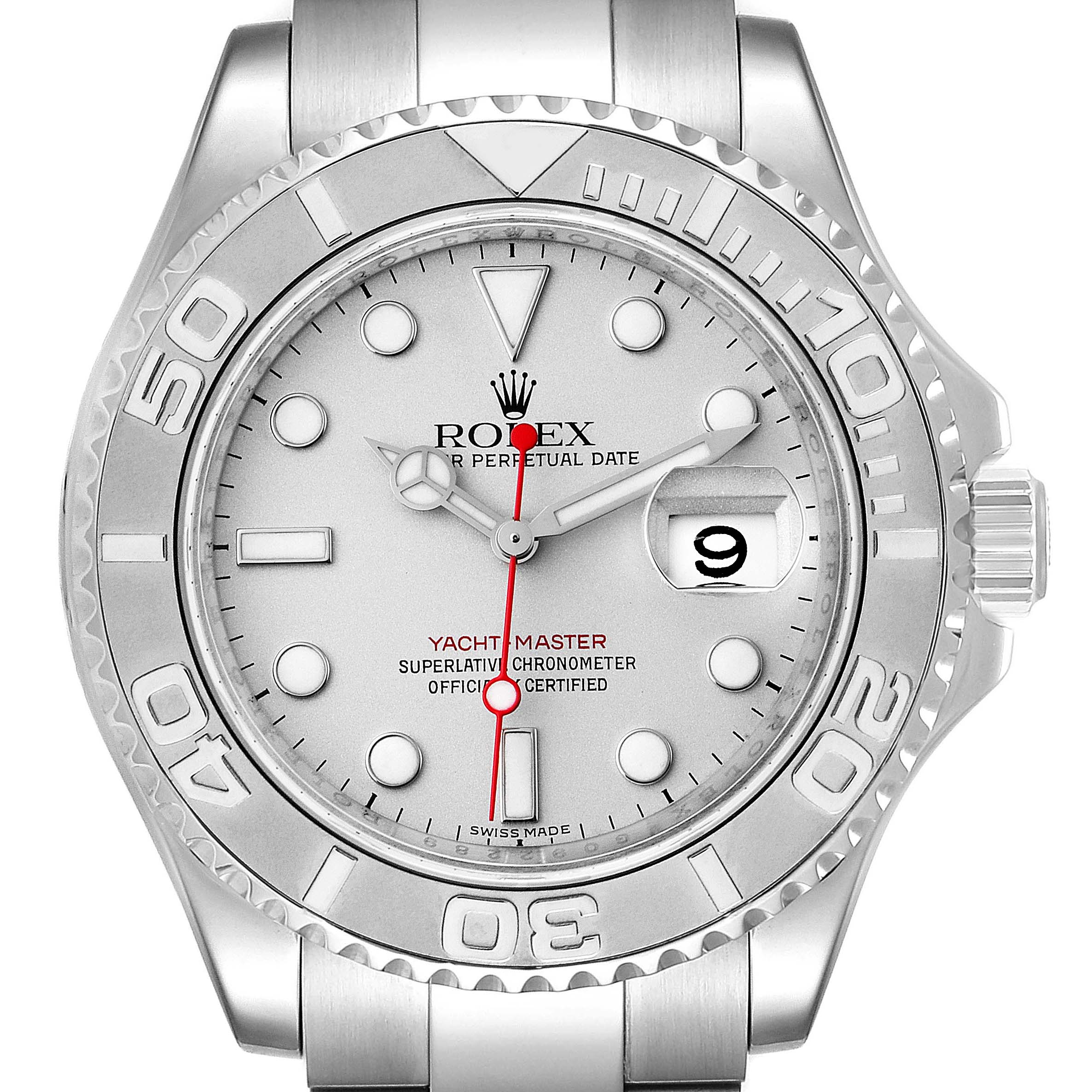 This image shows a frontal view of a Rolex Yacht-Master 16622 Men's Stainless Steel Silver Dial 16622 Men's Stainless Steel Silver Dial watch, highlighting its dial, bezel, and bracelet.