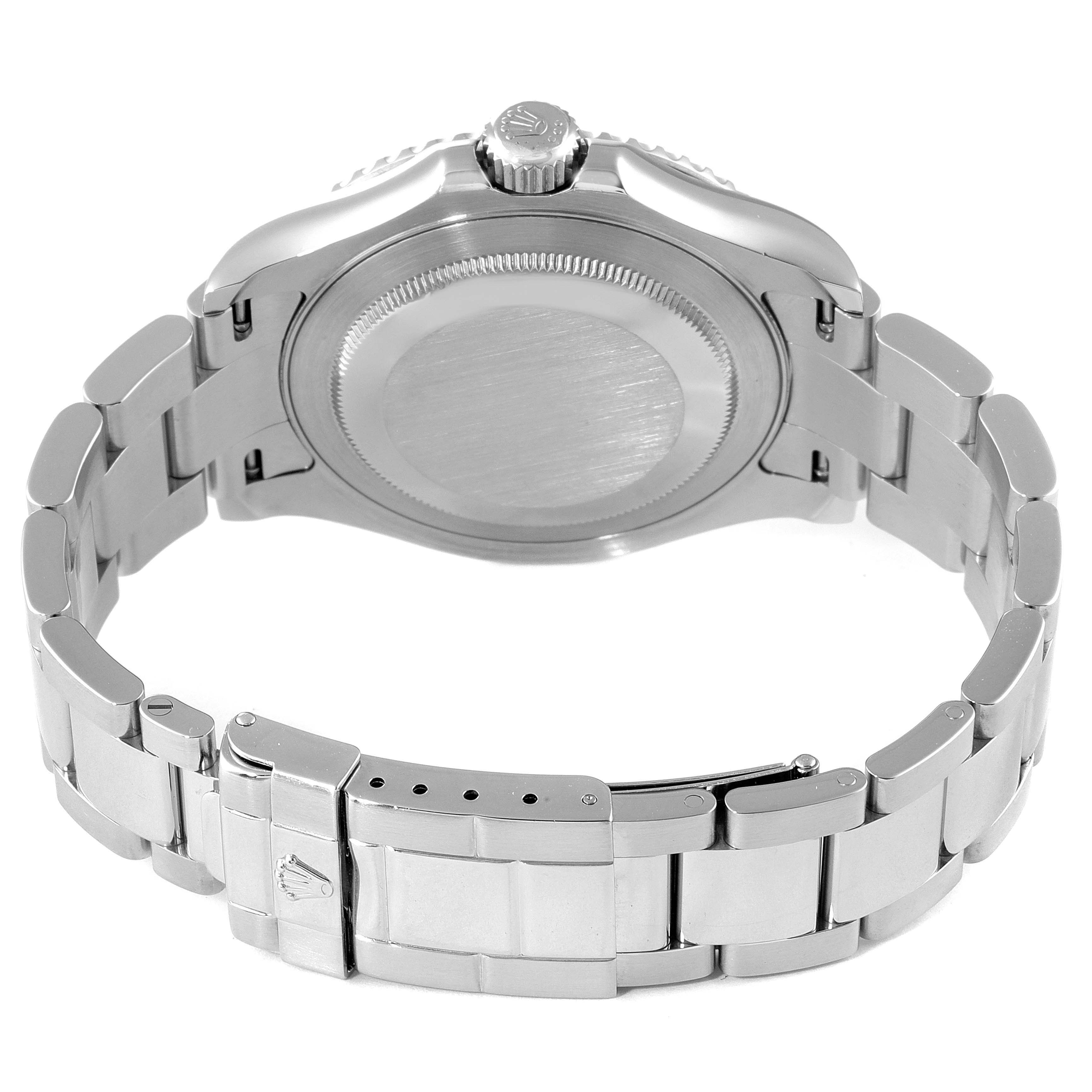 This image shows the back case, crown, and bracelet of a Rolex Yacht-Master 16622 Men's Stainless Steel Silver Dial 16622 Men's Stainless Steel Silver Dial watch from a rear perspective.