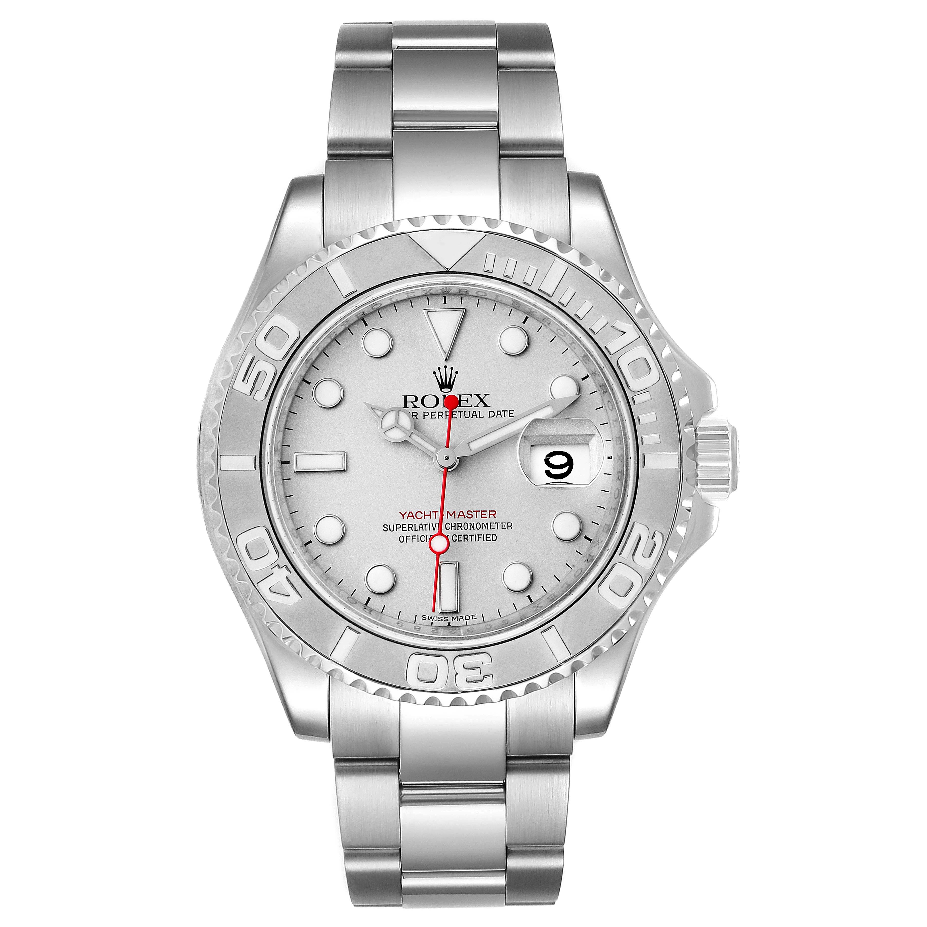The Rolex Yacht-Master 16622 Men's Stainless Steel Silver Dial 16622 Men's Stainless Steel Silver Dial watch is shown from the front, displaying the dial, bezel, and part of the bracelet.