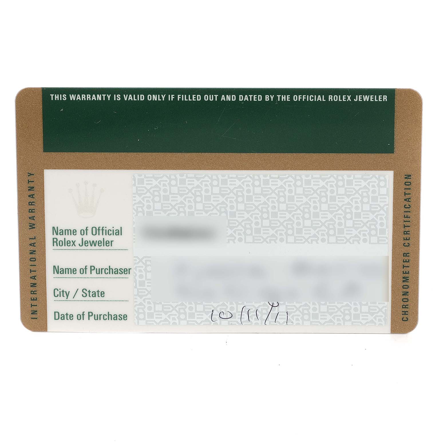 This image shows an International Warranty card for the Rolex Yacht-Master 16622 Men's Stainless Steel Silver Dial 16622 Men's Stainless Steel Silver Dial model.