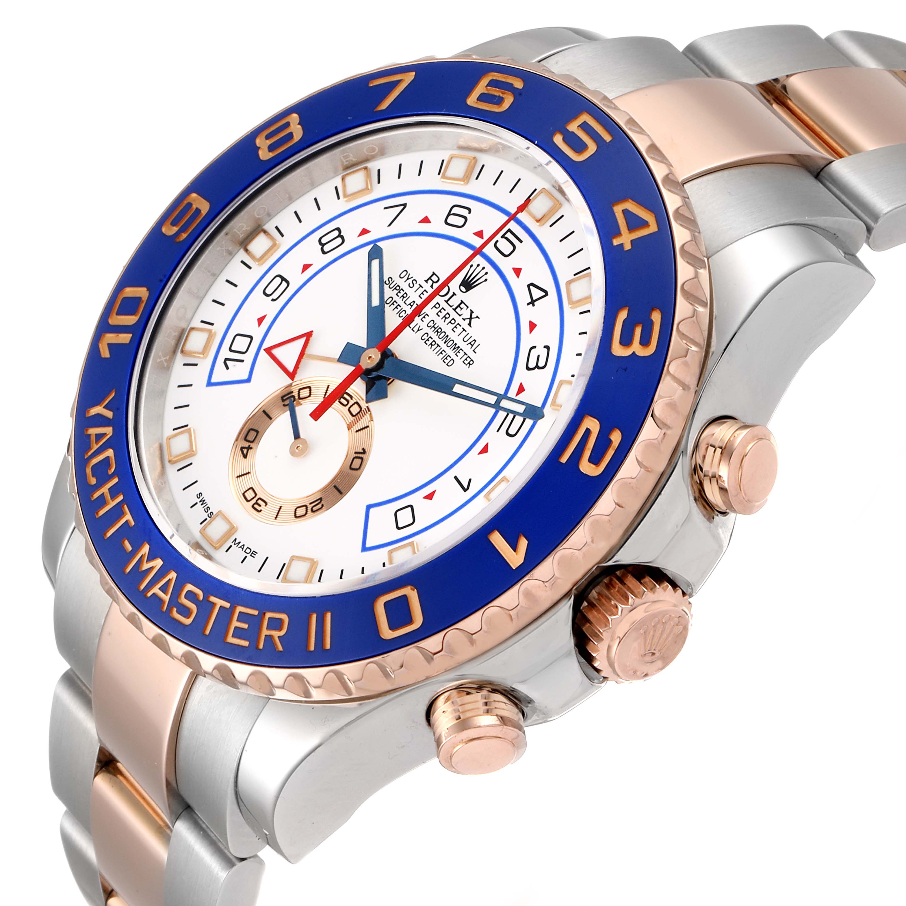The image shows an angled view of a Rolex Yacht-Master 116681 Men's Rose Gold White Dial 116681 Men's Rose Gold White Dial watch, highlighting the bezel, dial, and part of the bracelet.