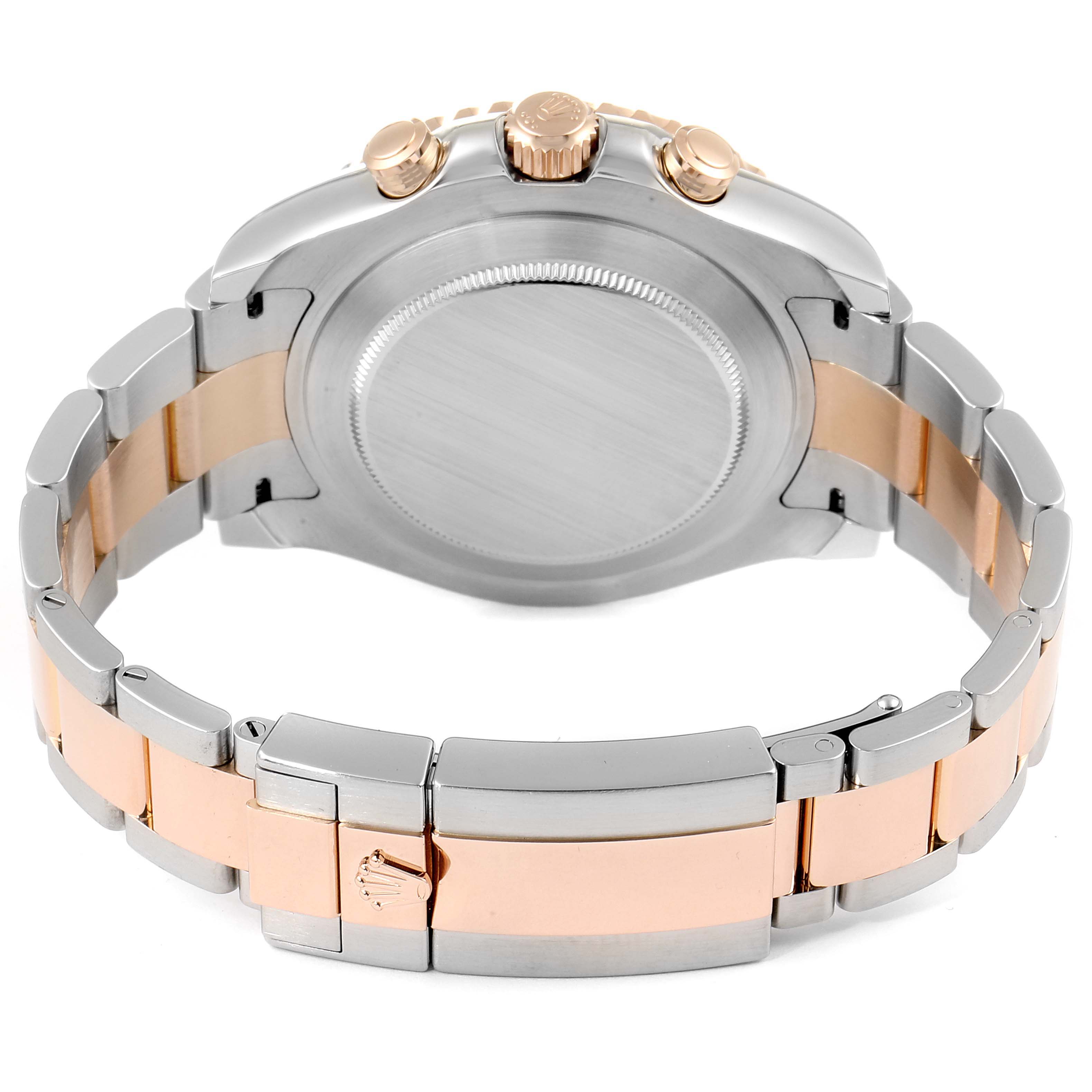 The image shows the back case and bracelet of a Rolex Yacht-Master 116681 Men's Rose Gold White Dial 116681 Men's Rose Gold White Dial watch from a rear angle.