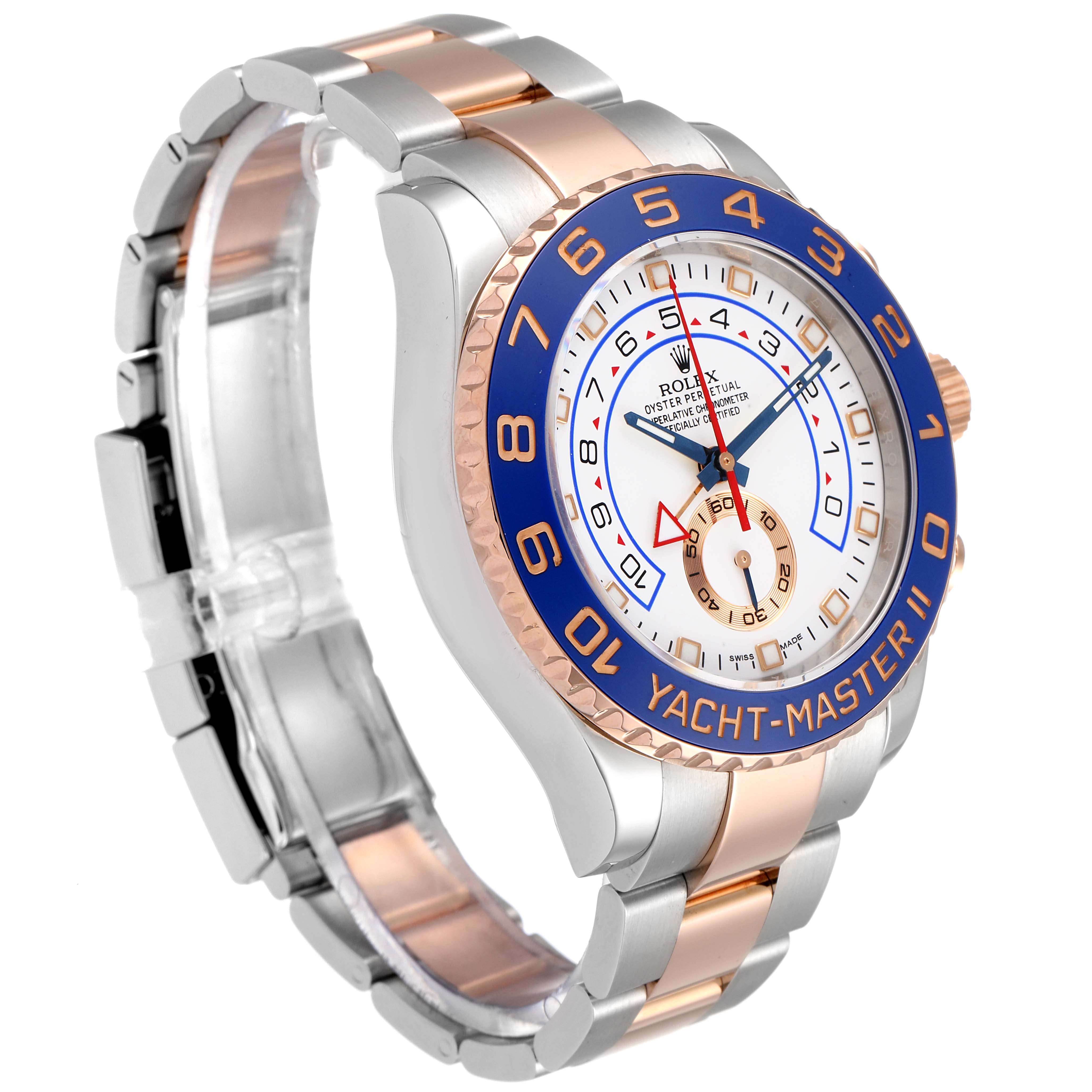 The Rolex Yacht-Master 116681 Men's Rose Gold White Dial 116681 Men's Rose Gold White Dial watch is shown at an angle, displaying its face, bezel, and two-tone metal band.