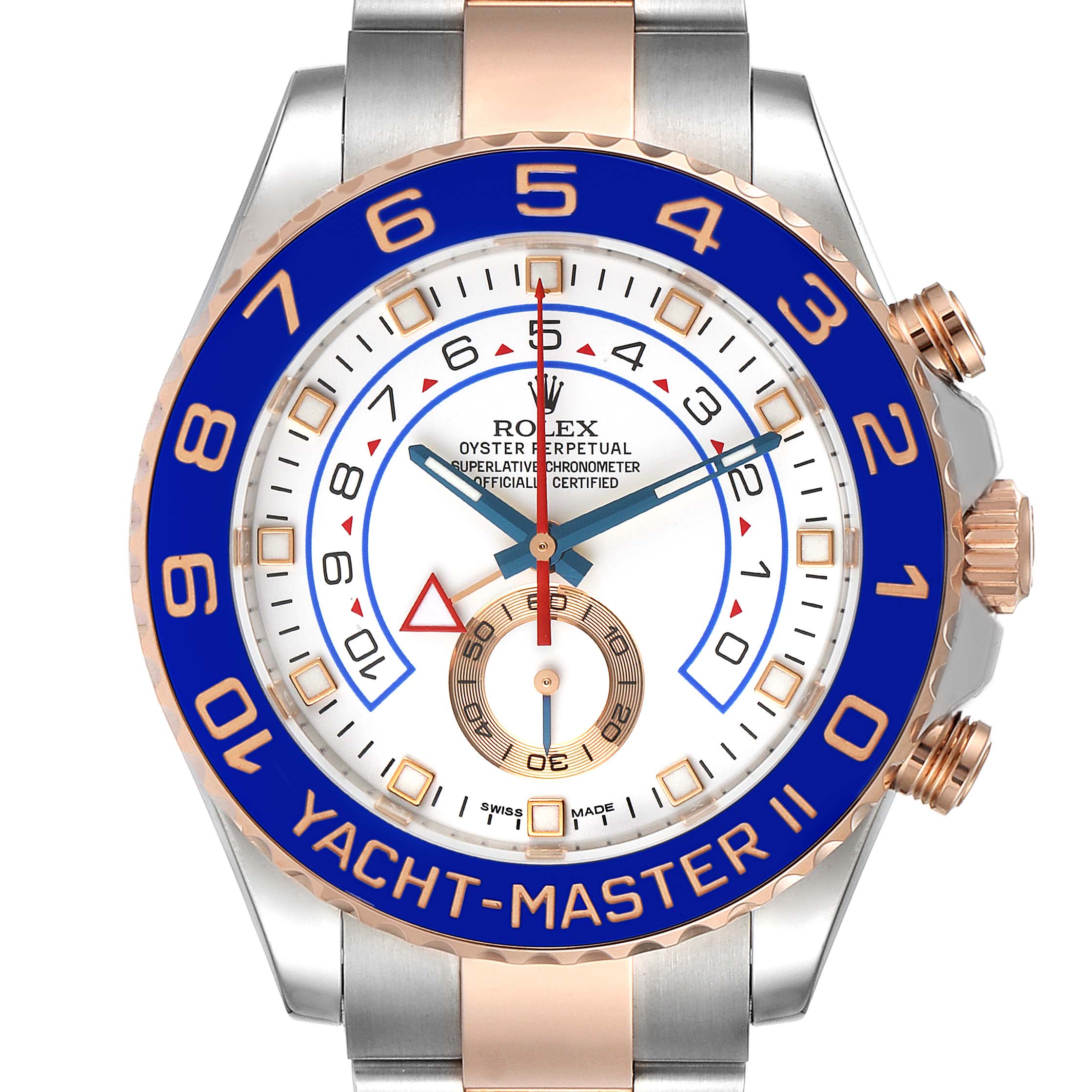 The image shows a front view of the Rolex Yacht-Master 116681 Men's Rose Gold White Dial 116681 Men's Rose Gold White Dial II watch, highlighting the dial, bezel, and part of the band.