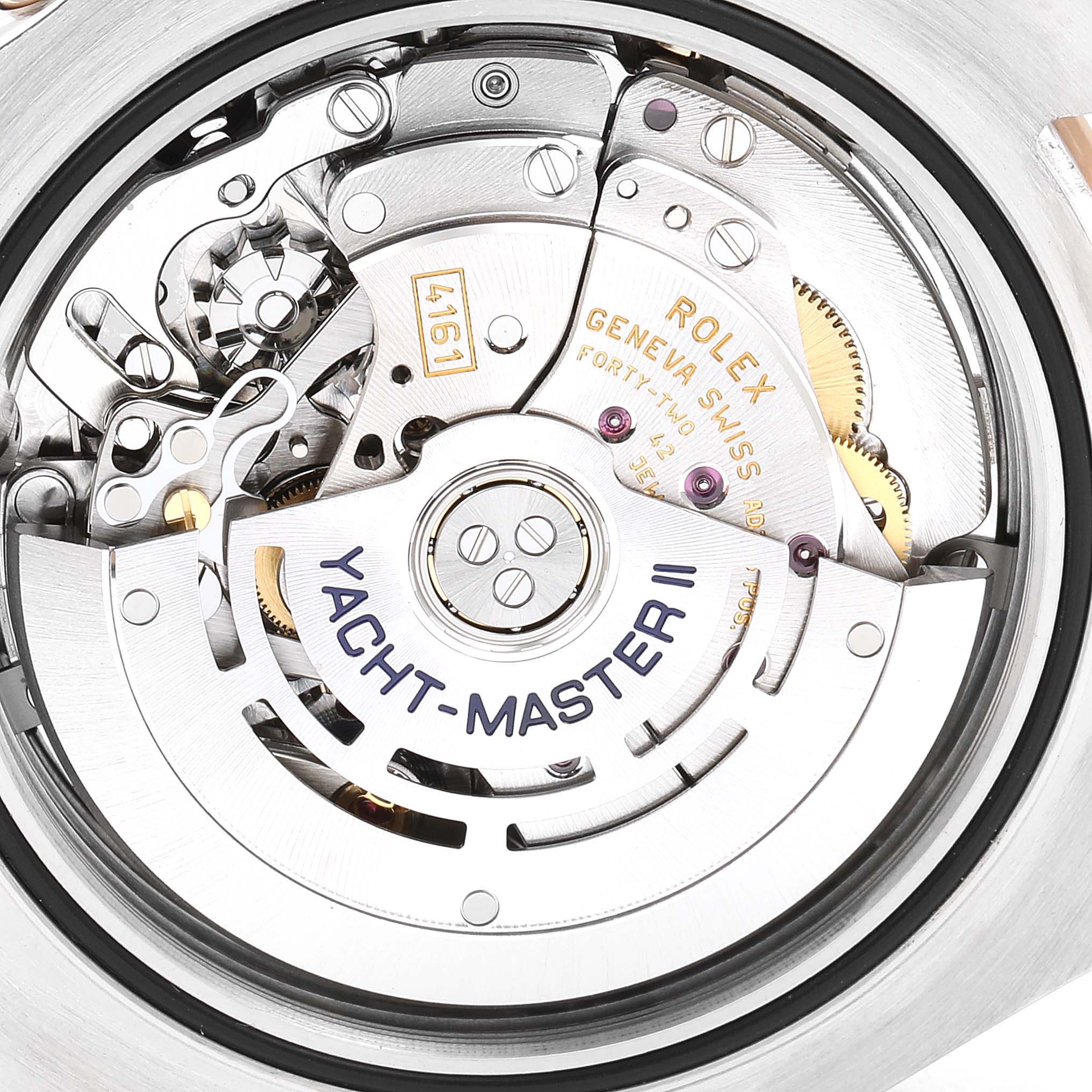 This image shows the internal mechanics and movement of the Rolex Yacht-Master 116681 Men's Rose Gold White Dial 116681 Men's Rose Gold White Dial II watch from a close-up angle.