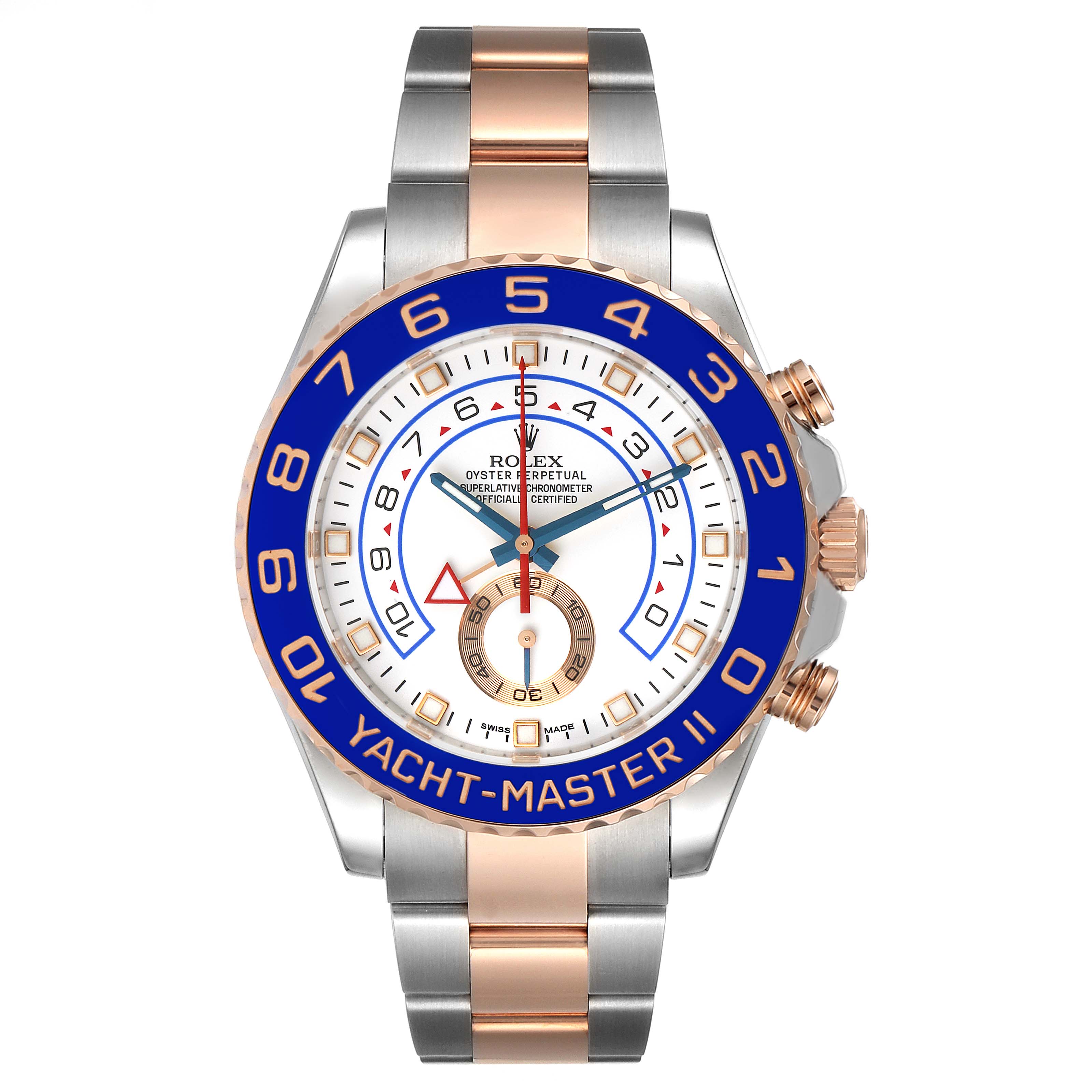 The image shows a front view of a Rolex Yacht-Master 116681 Men's Rose Gold White Dial 116681 Men's Rose Gold White Dial watch, highlighting the dial, bezel, and bracelet.