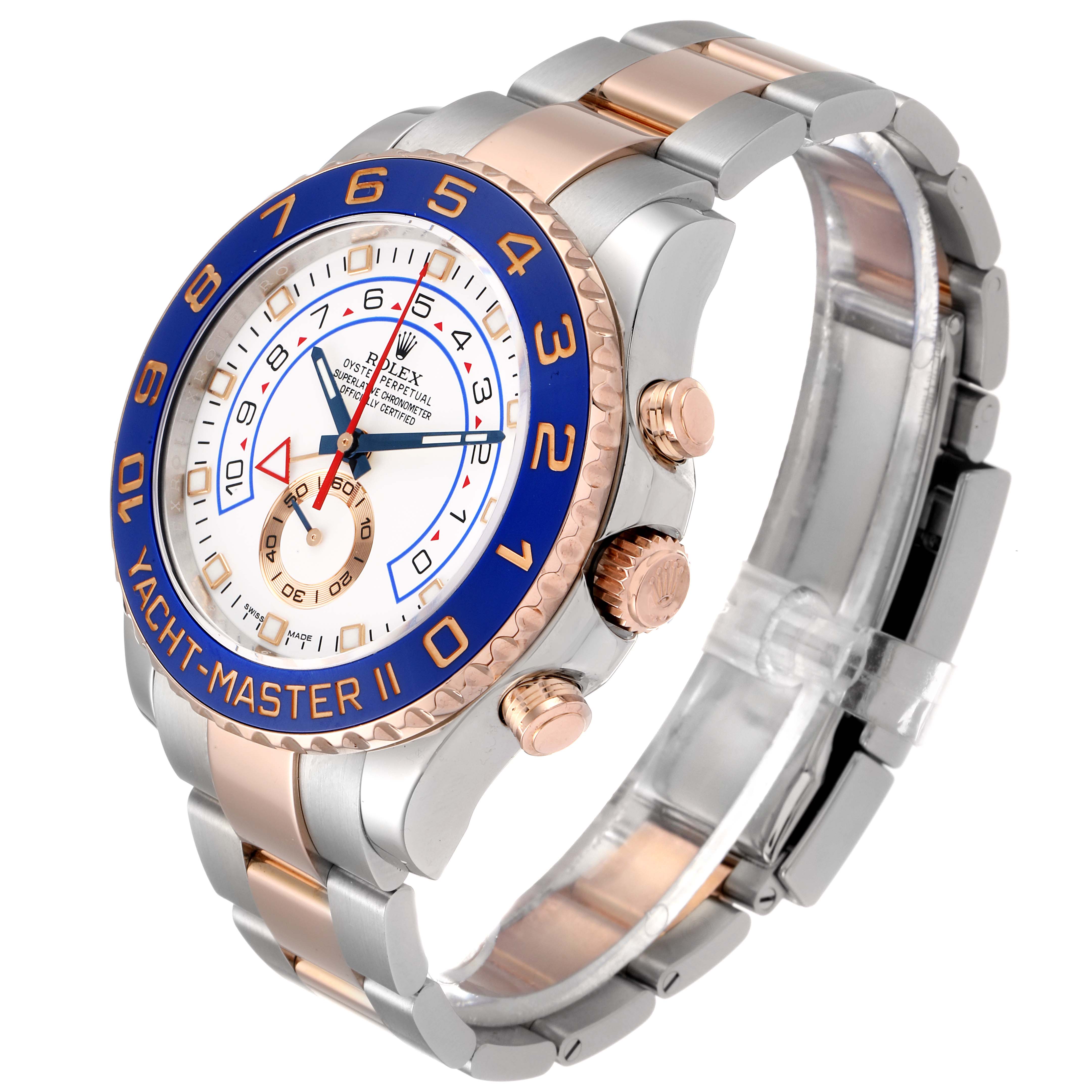 The image shows a Rolex Yacht-Master 116681 Men's Rose Gold White Dial 116681 Men's Rose Gold White Dial II watch from an angled side view, displaying the case, bezel, dial, and bracelet.