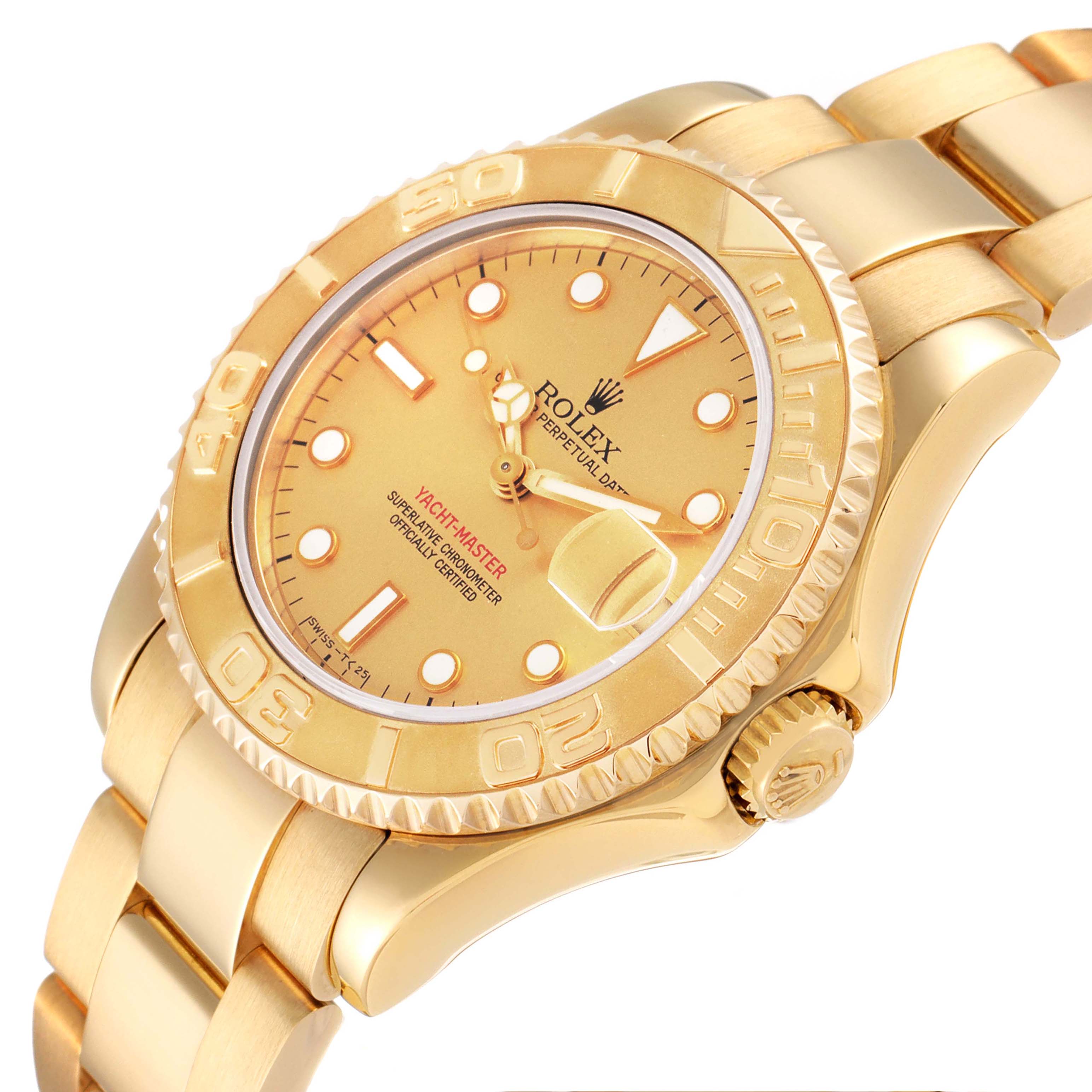 The Rolex Yacht-Master 68628 Men's Yellow Gold Champagne Dial 68628 Men's Yellow Gold Champagne Dial watch is angled to show its gold dial, bezel, bracelet, and crown.