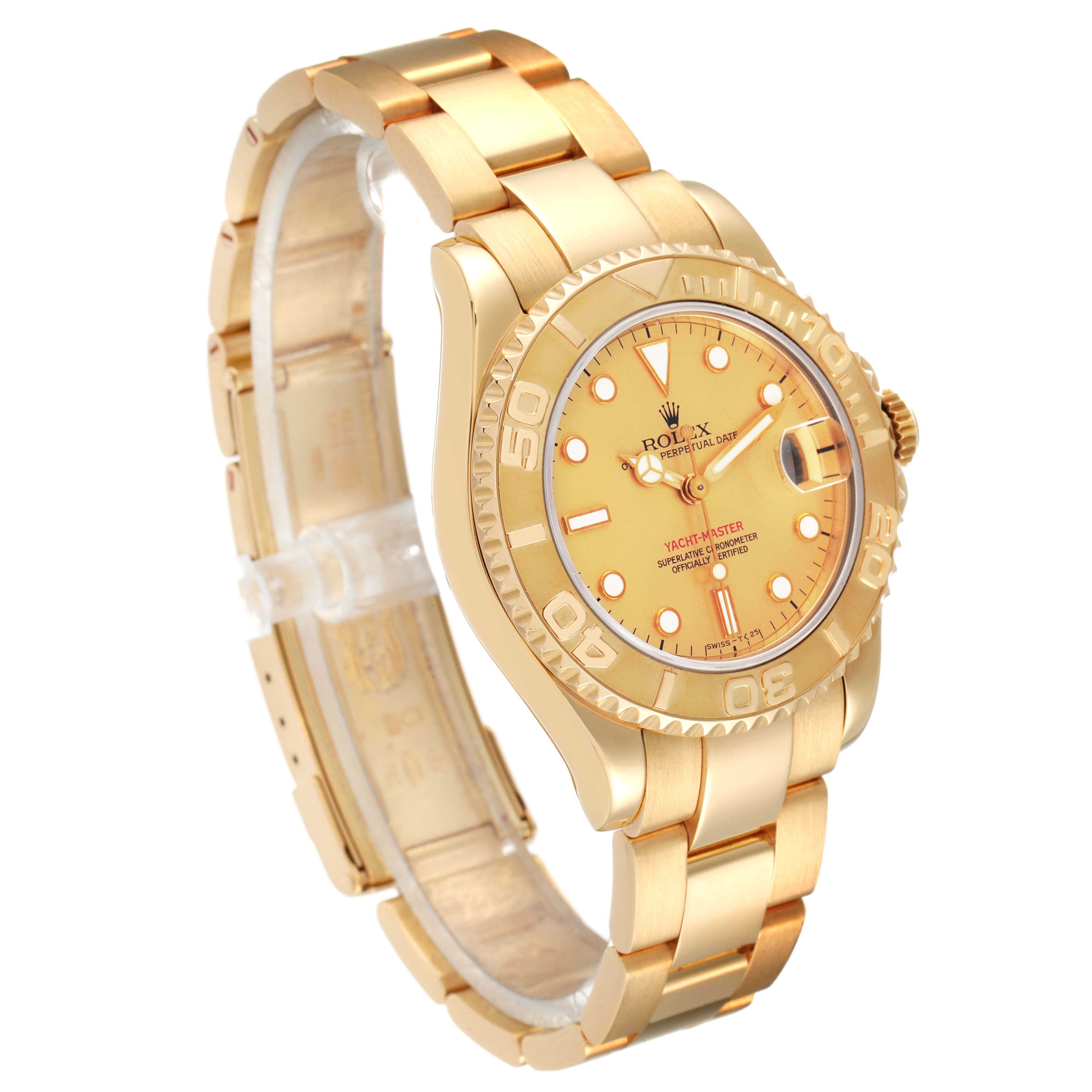 The Rolex Yacht-Master 68628 Men's Yellow Gold Champagne Dial 68628 Men's Yellow Gold Champagne Dial watch is shown at an angled view displaying its gold bracelet, bezel, and face with clear detailing.