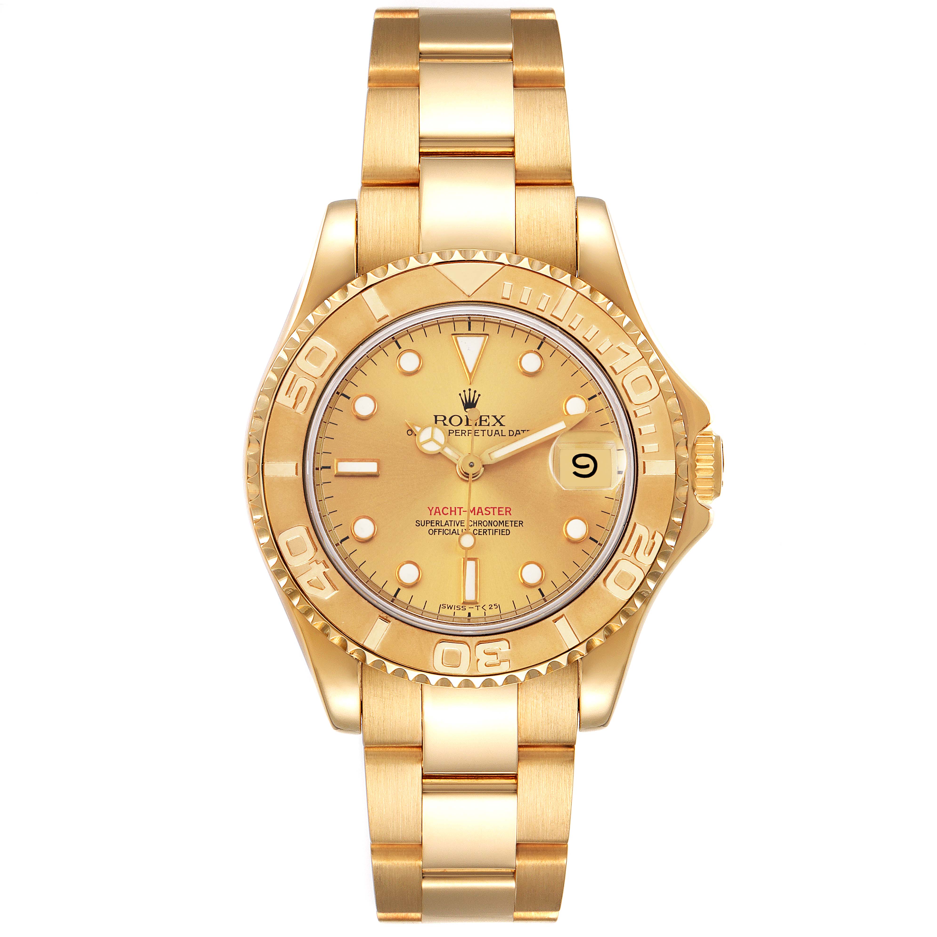 This image shows a front view of a Rolex Yacht-Master 68628 Men's Yellow Gold Champagne Dial 68628 Men's Yellow Gold Champagne Dial watch, displaying the dial, bezel, case, and bracelet.