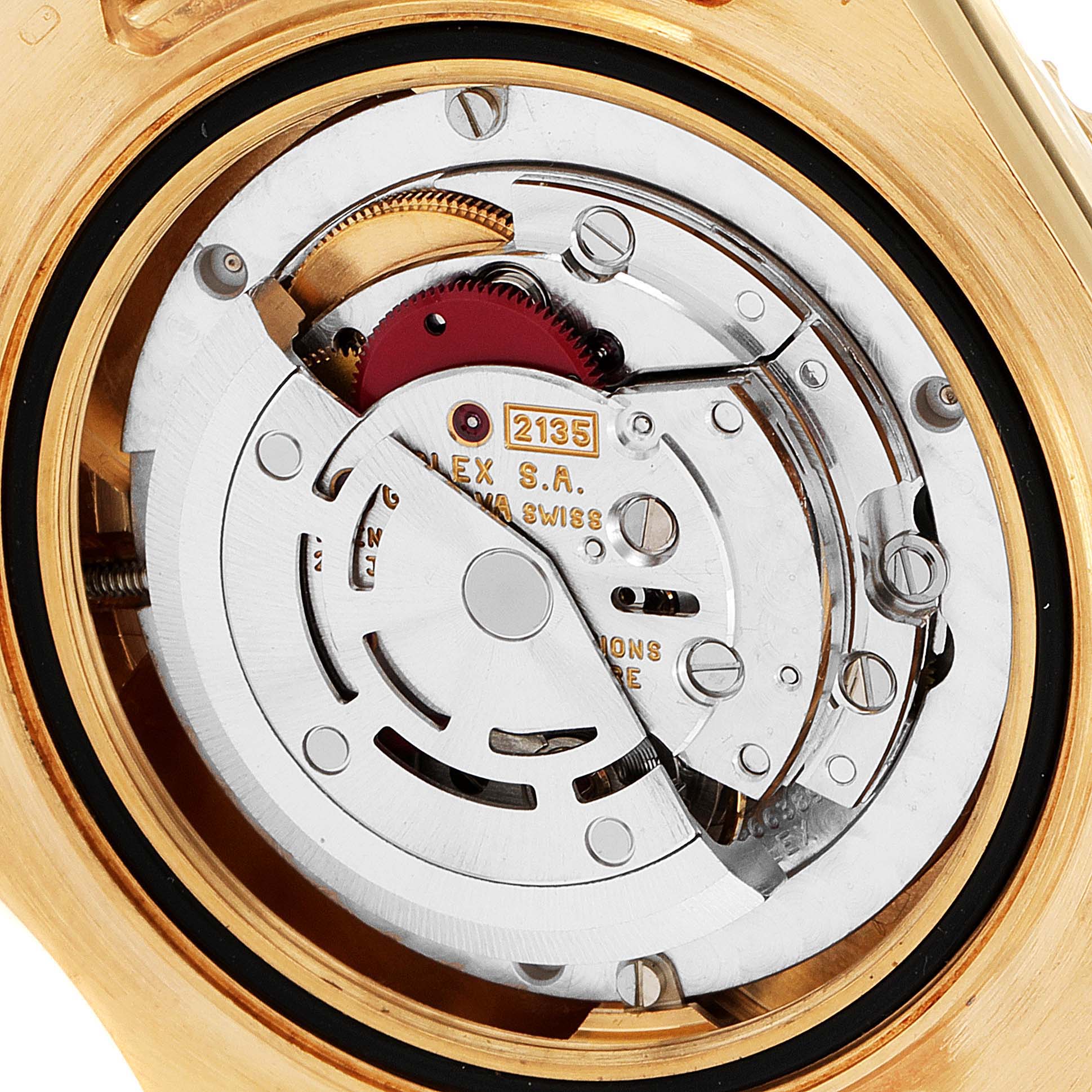This image shows the internal mechanical movement of a Rolex Yacht-Master 68628 Men's Yellow Gold Champagne Dial 68628 Men's Yellow Gold Champagne Dial watch viewed from the back.