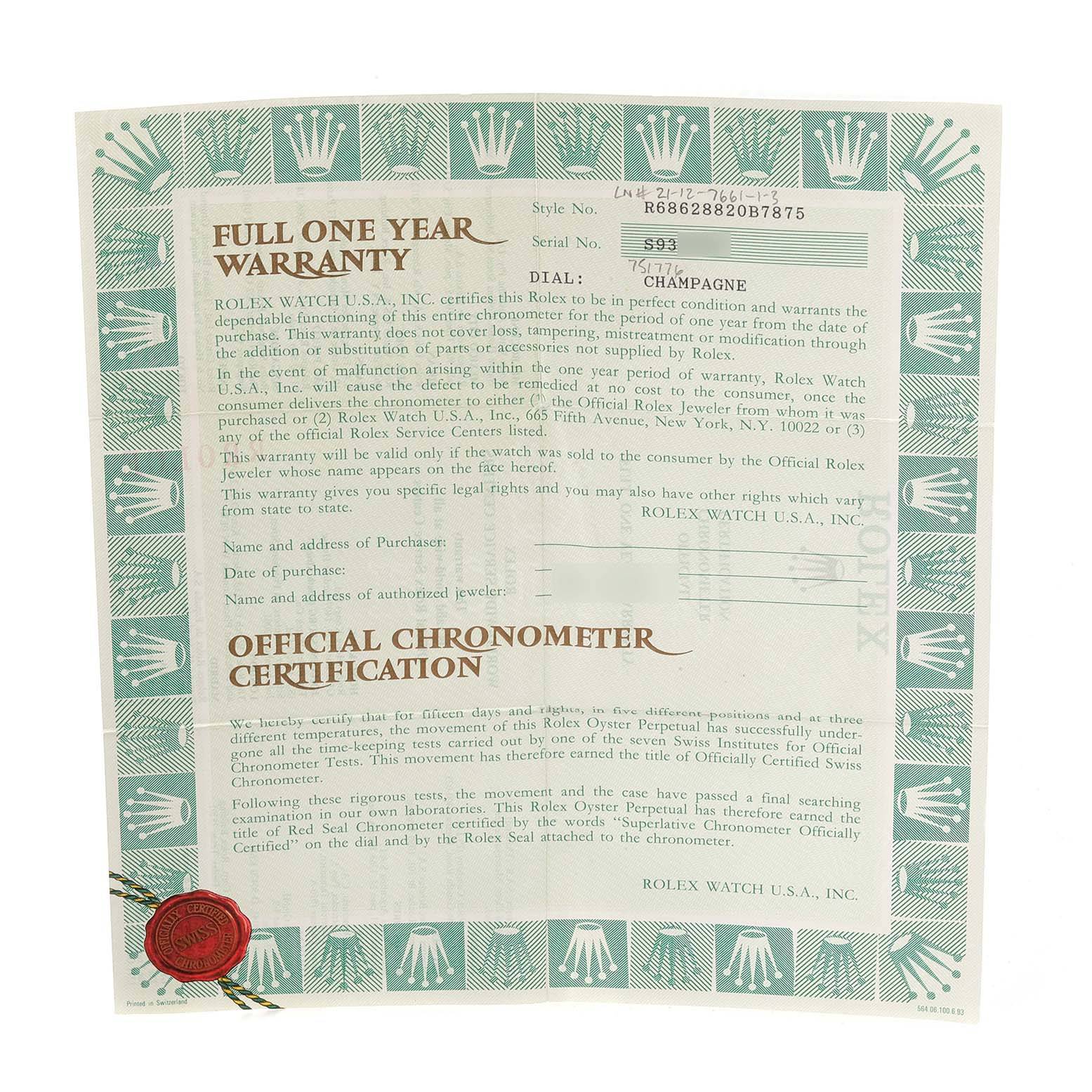 This image shows the warranty and certification document for a Rolex Yacht-Master 68628 Men's Yellow Gold Champagne Dial 68628 Men's Yellow Gold Champagne Dial watch.