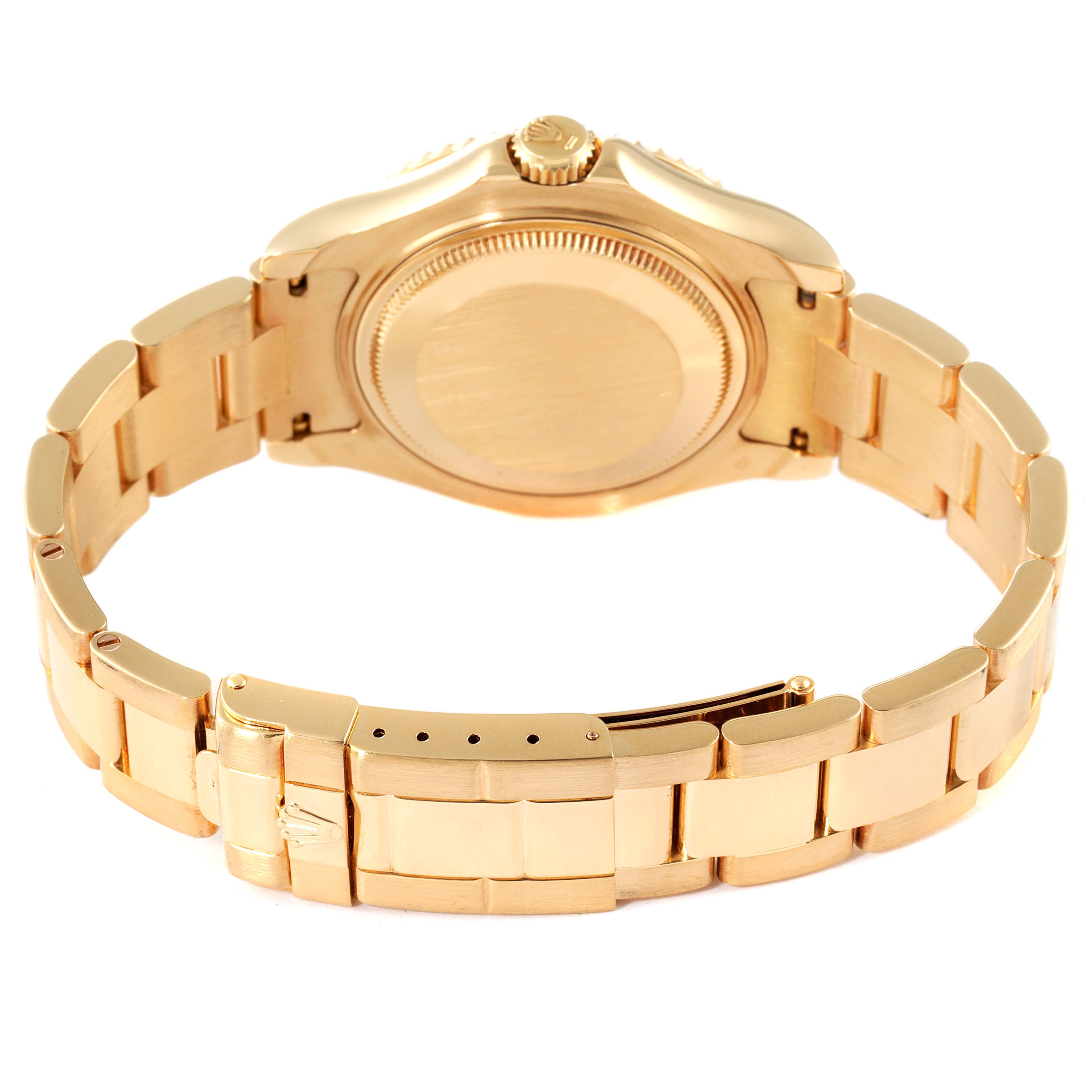 This image shows the back and bracelet of a Rolex Yacht-Master 68628 Men's Yellow Gold Champagne Dial 68628 Men's Yellow Gold Champagne Dial watch from a direct rear angle.