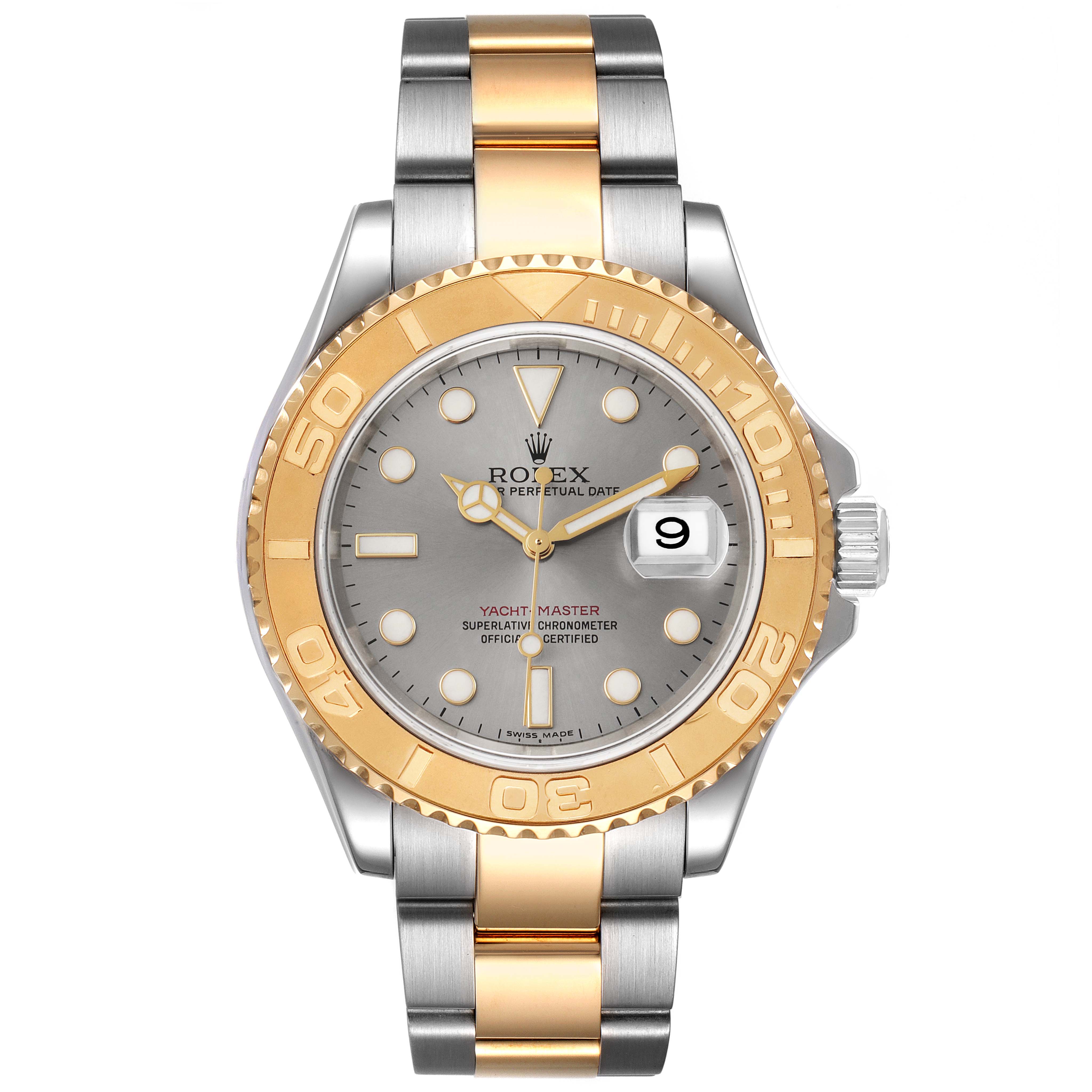 The Rolex Yacht-Master 16623 Men's Steel and Gold (two tone) Grey Dial 16623 Men's Steel and Gold (two tone) Grey Dial watch is displayed from a front angle, showing the bezel, dial, bracelet, and date window.