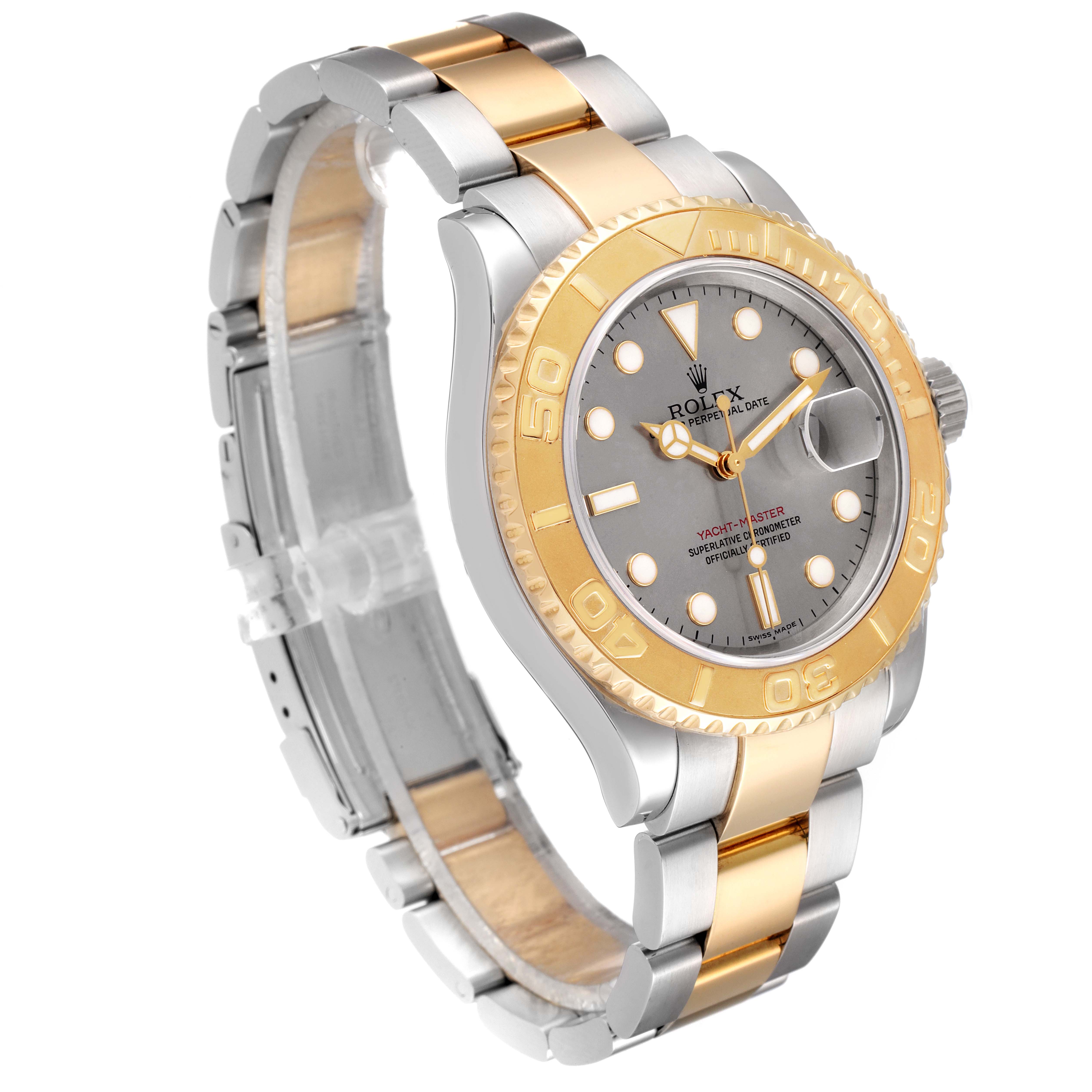 The image shows a Rolex Yacht-Master 16623 Men's Steel and Gold (two tone) Grey Dial 16623 Men's Steel and Gold (two tone) Grey Dial watch at a three-quarter angle, highlighting its gold and silver bracelet, bezel, and dial.