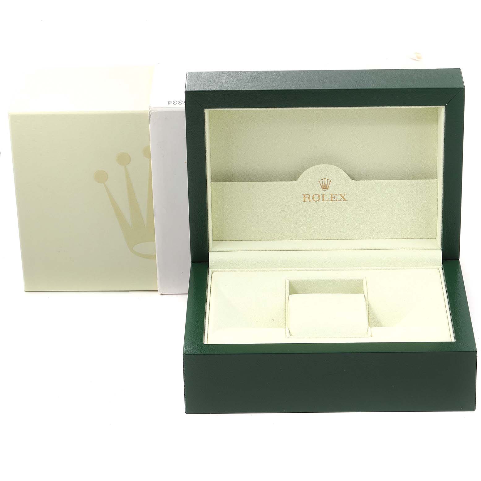 The image shows an open Rolex Yacht-Master 16623 Men's Steel and Gold (two tone) Grey Dial 16623 Men's Steel and Gold (two tone) Grey Dial watch box, displaying the interior compartments.