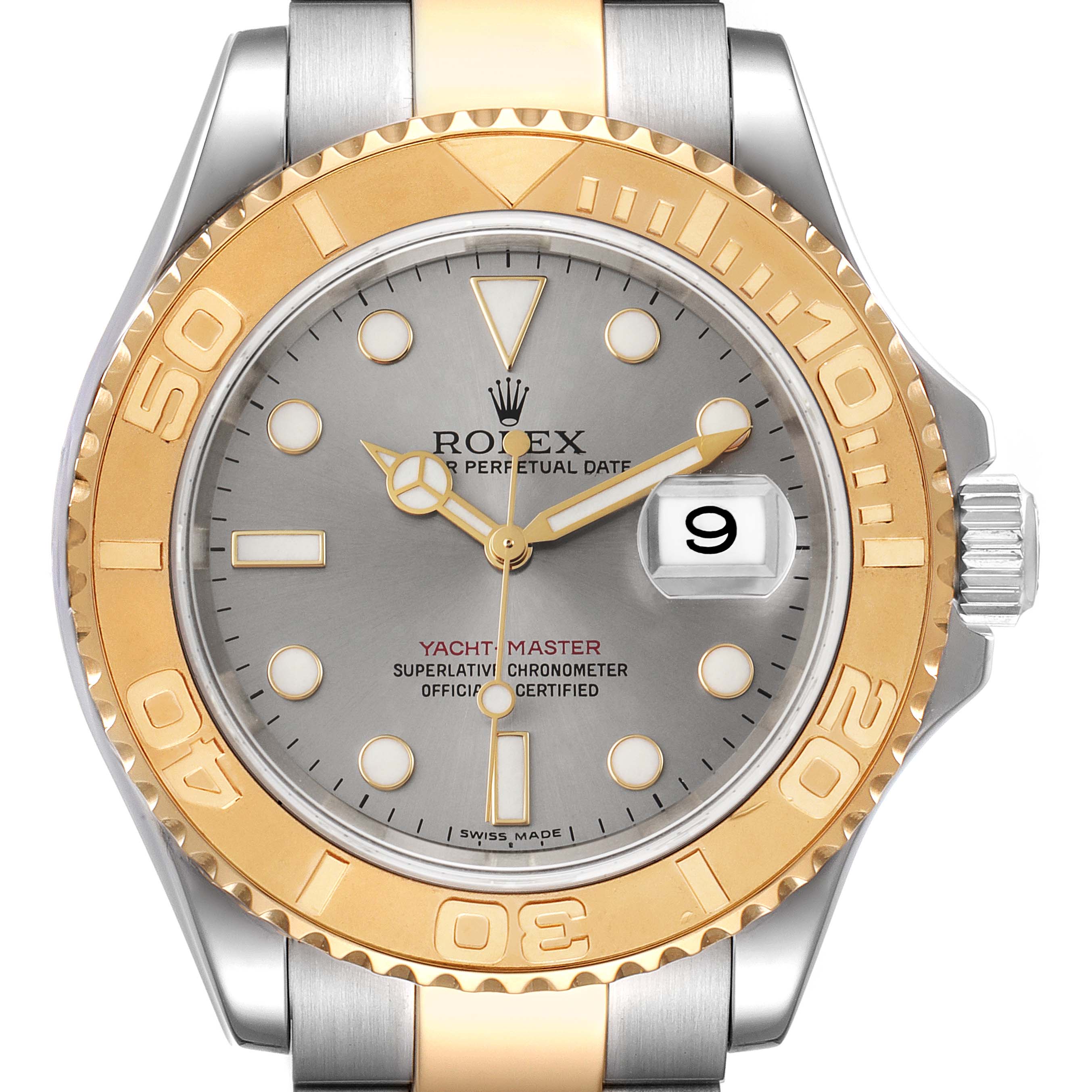 This image shows the front view of a Rolex Yacht-Master 16623 Men's Steel and Gold (two tone) Grey Dial 16623 Men's Steel and Gold (two tone) Grey Dial watch, highlighting the face, bezel, and part of the bracelet.