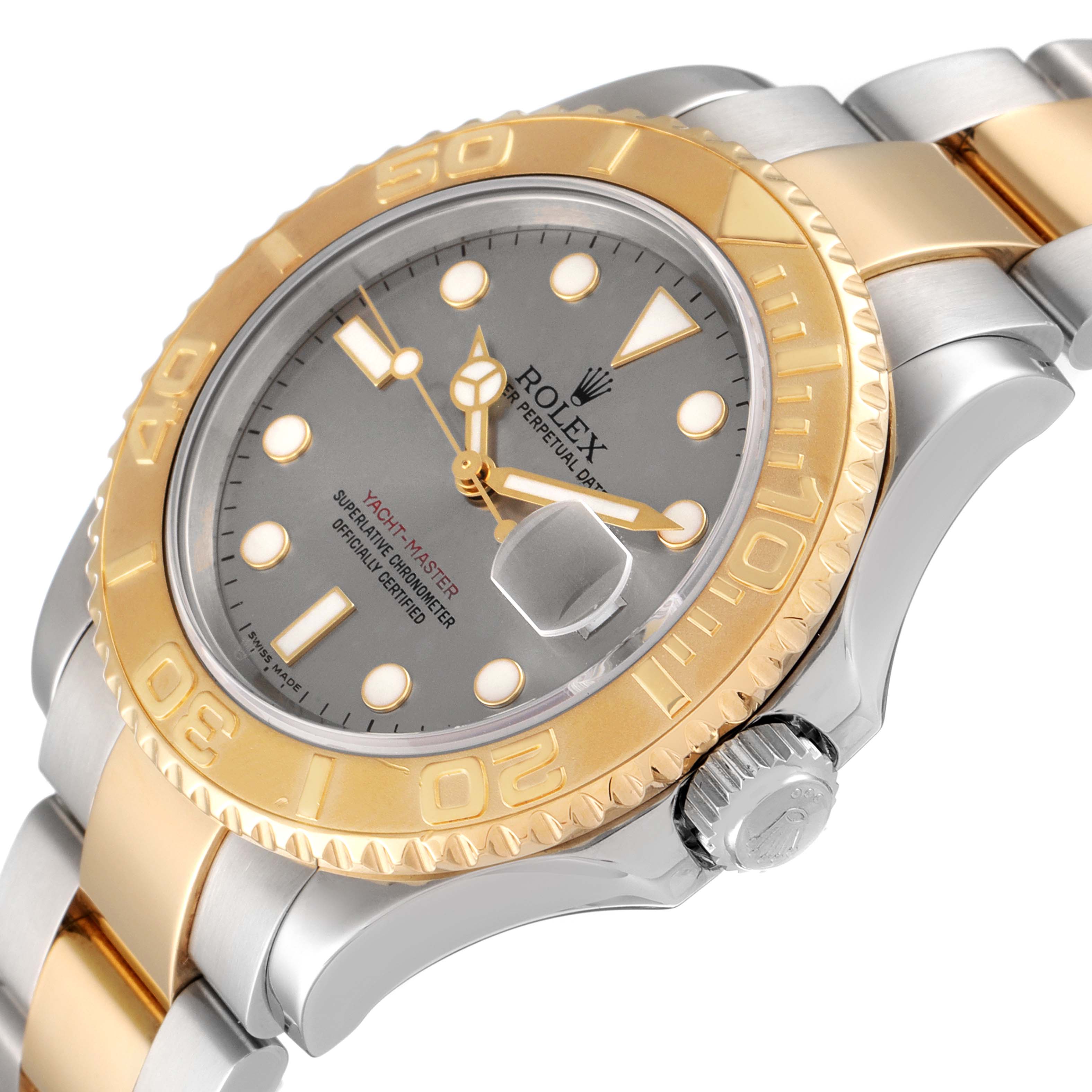 The image shows a Rolex Yacht-Master 16623 Men's Steel and Gold (two tone) Grey Dial 16623 Men's Steel and Gold (two tone) Grey Dial watch at an angled view, highlighting its bezel, dial, hands, bracelet, and crown.