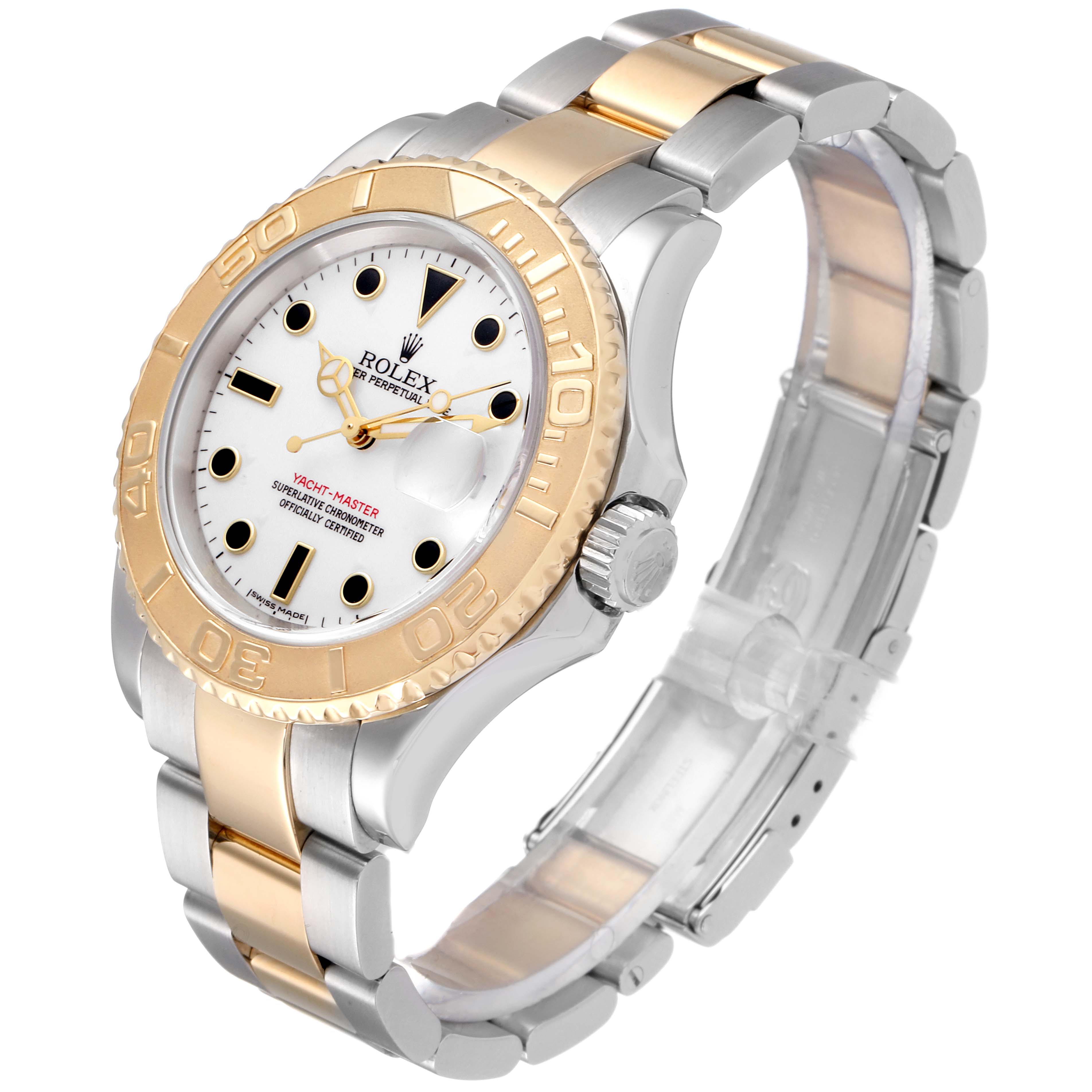 This Rolex Yacht-Master 16623 Men's Steel and Gold (two tone) White Dial 16623 Men's Steel and Gold (two tone) White Dial watch is shown at an angled front view, highlighting the face, bezel, crown, and the two-tone bracelet.