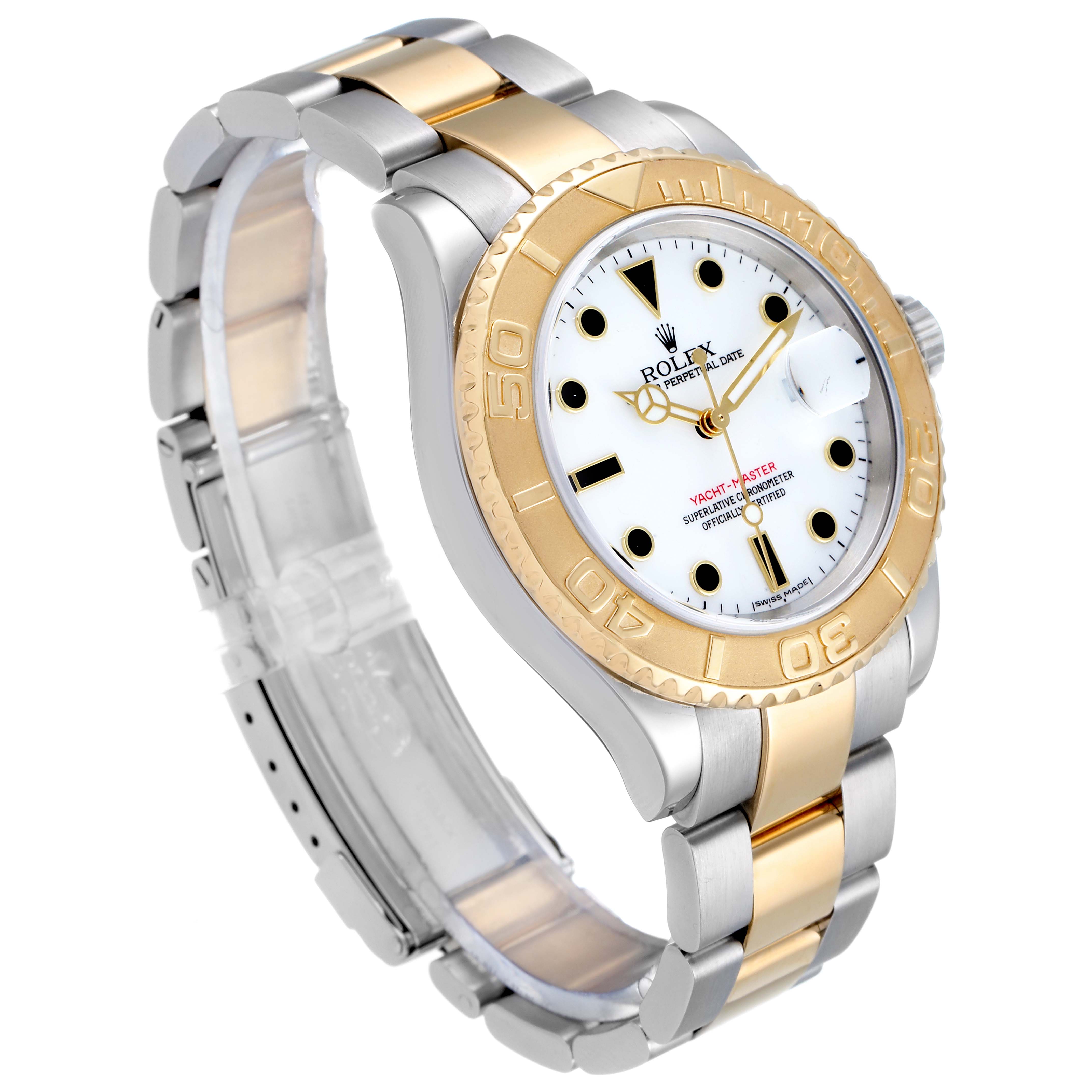 The Rolex Yacht-Master 16623 Men's Steel and Gold (two tone) White Dial 16623 Men's Steel and Gold (two tone) White Dial watch is shown at a slightly angled front view, highlighting its dial, two-tone bezel, and bracelet.