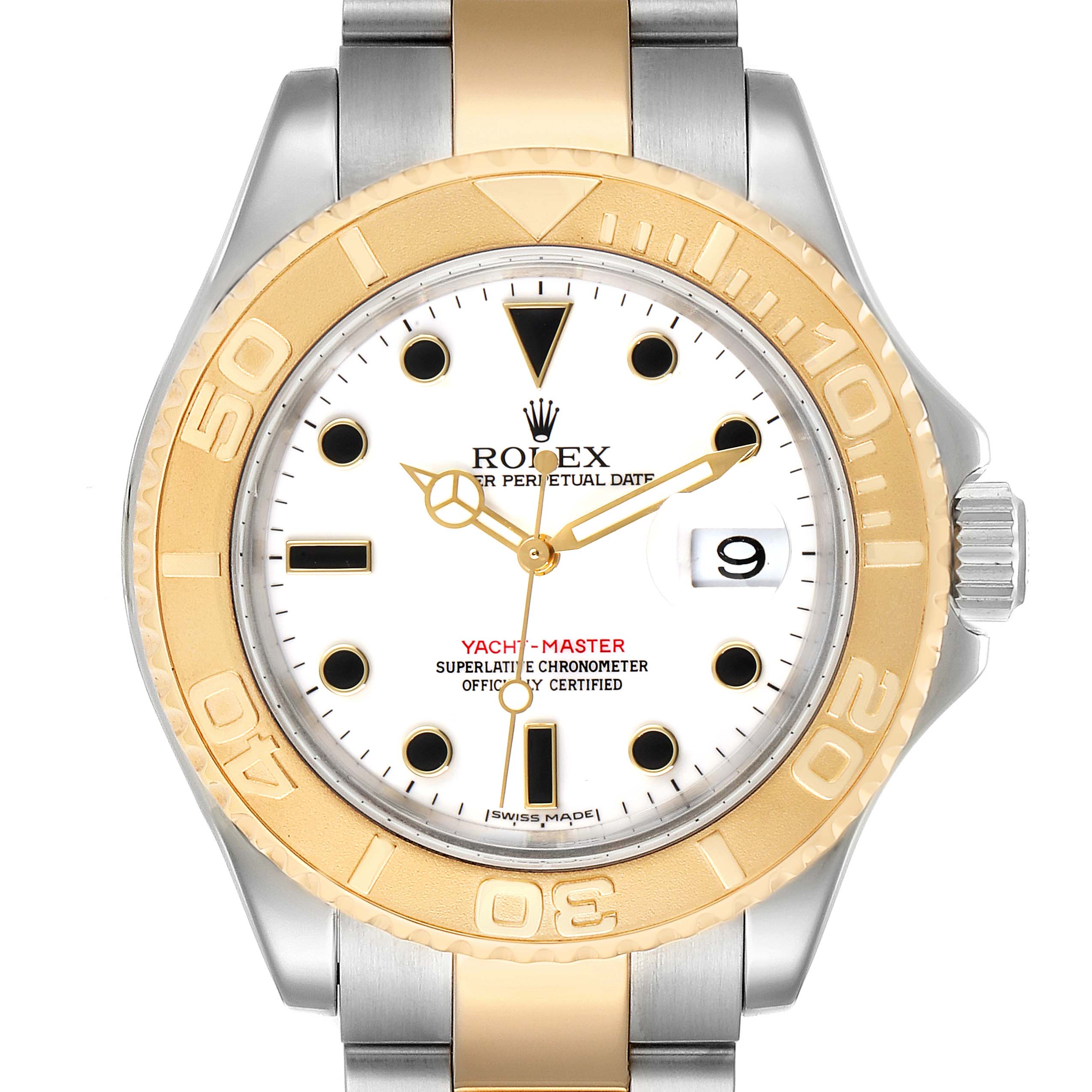 The image shows a front view of a Rolex Yacht-Master 16623 Men's Steel and Gold (two tone) White Dial 16623 Men's Steel and Gold (two tone) White Dial watch, highlighting its dial, bezel, hands, and bracelet.