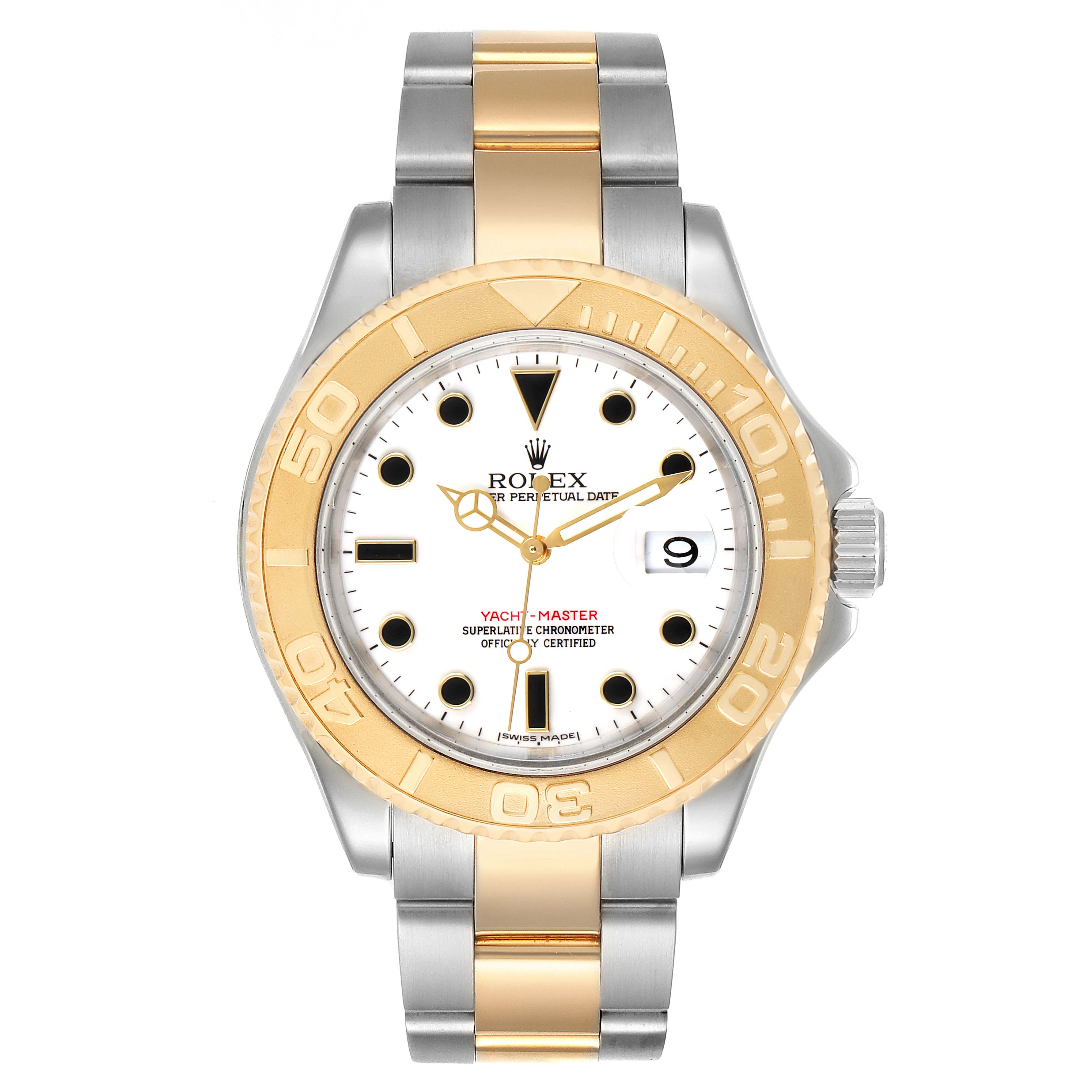 This image shows a front view of a Rolex Yacht-Master 16623 Men's Steel and Gold (two tone) White Dial 16623 Men's Steel and Gold (two tone) White Dial watch, displaying its dial, bezel, and two-tone bracelet.