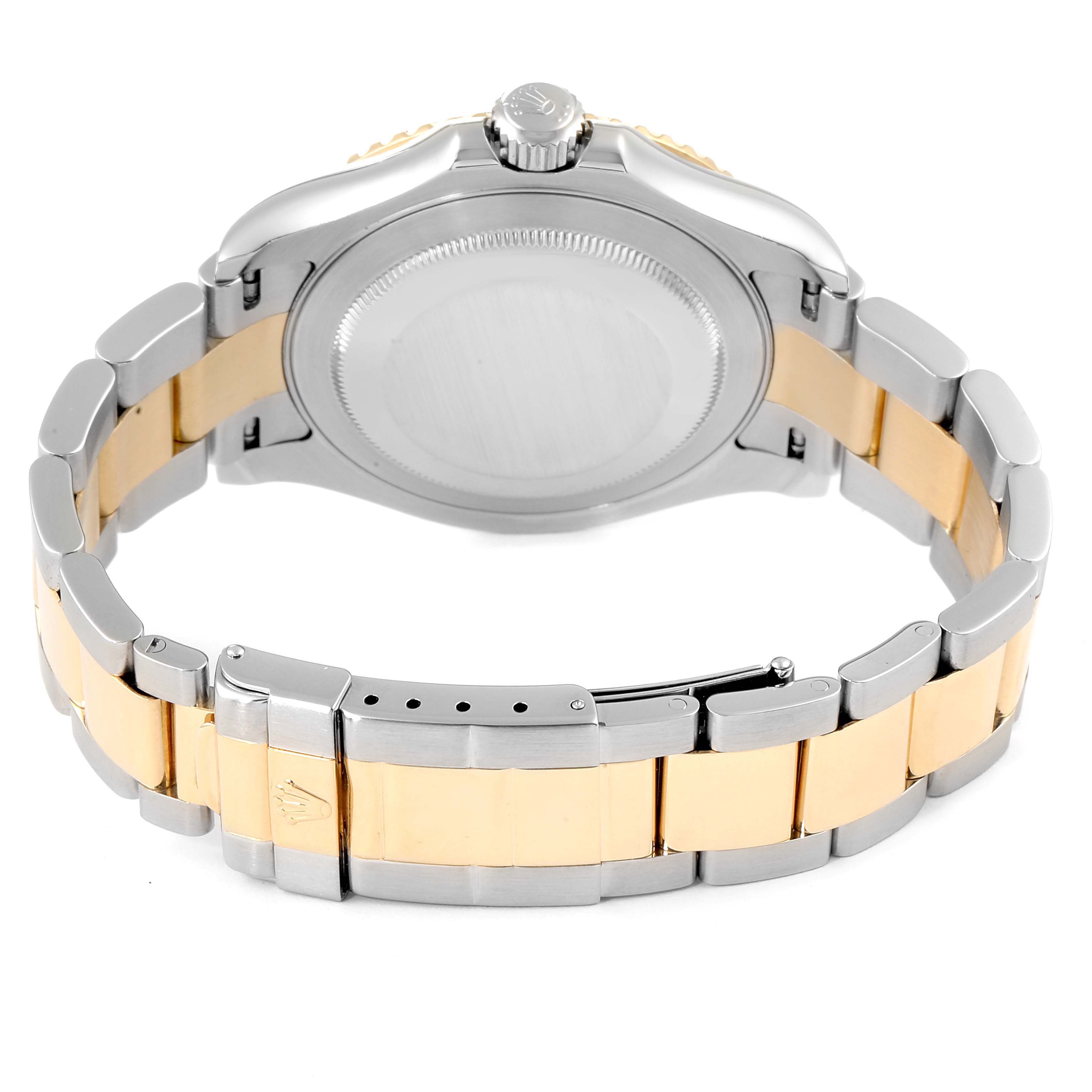 The image shows the back view of a Rolex Yacht-Master 16623 Men's Steel and Gold (two tone) White Dial 16623 Men's Steel and Gold (two tone) White Dial watch and its metal bracelet.