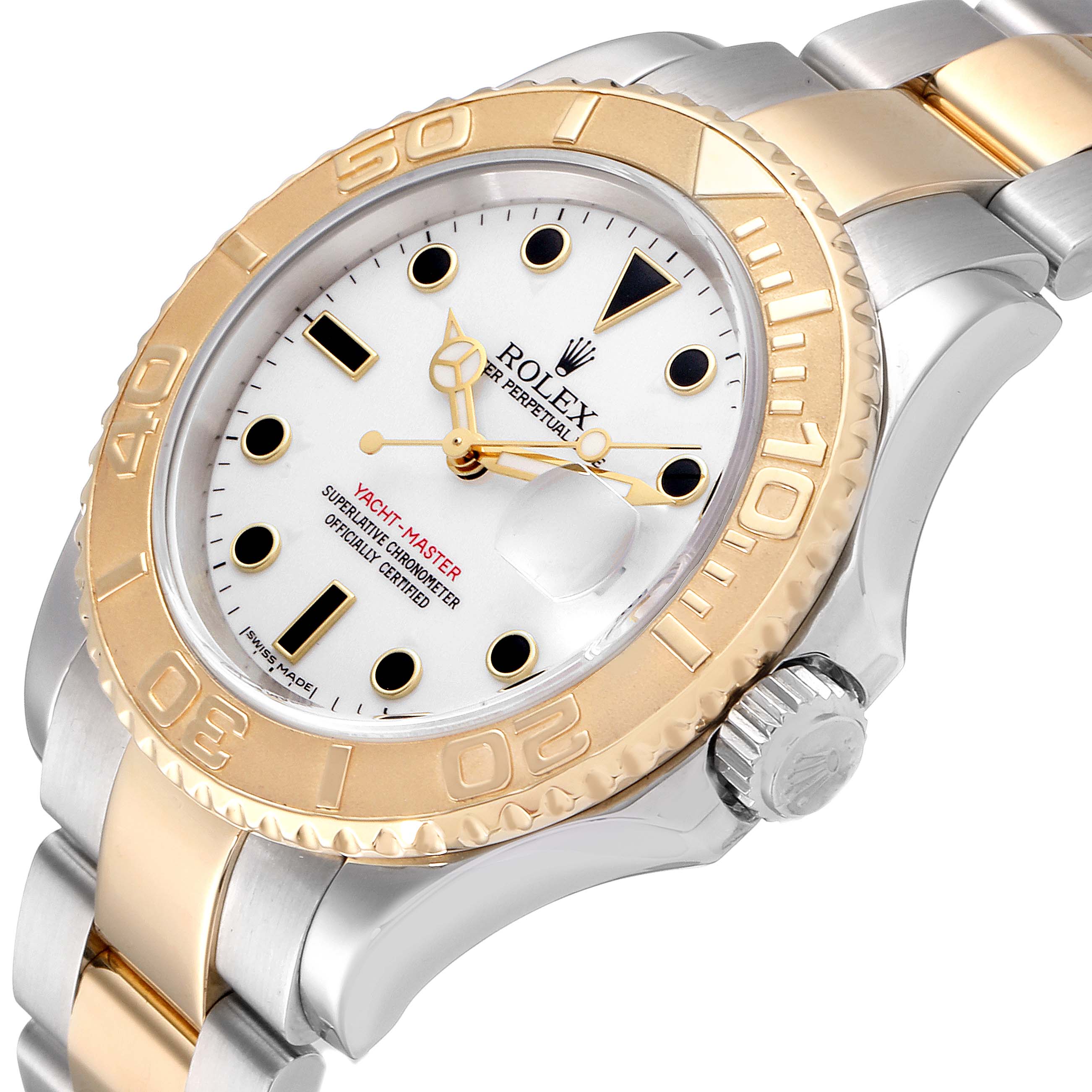 The image shows a close-up angled view of the Rolex Yacht-Master 16623 Men's Steel and Gold (two tone) White Dial 16623 Men's Steel and Gold (two tone) White Dial watch, highlighting its bezel, dial, and bracelet.
