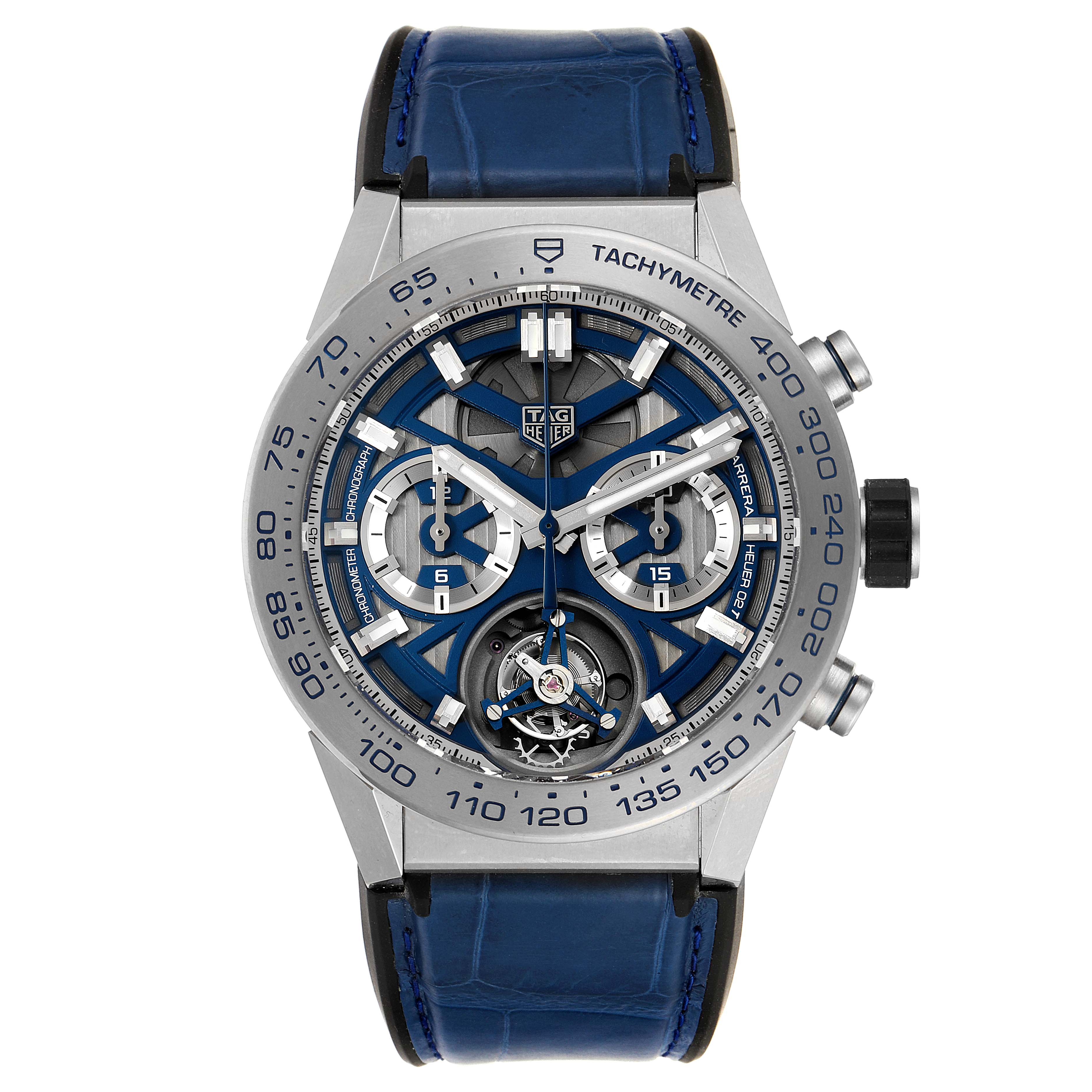 The image shows a front view of the Tag Heuer Carrera CAR5A8H.FC6448 Men's Titanium Blue Dial CAR5A8H.FC6448 Men's Titanium Blue Dial watch, highlighting its dial, chronograph subdials, and blue strap.