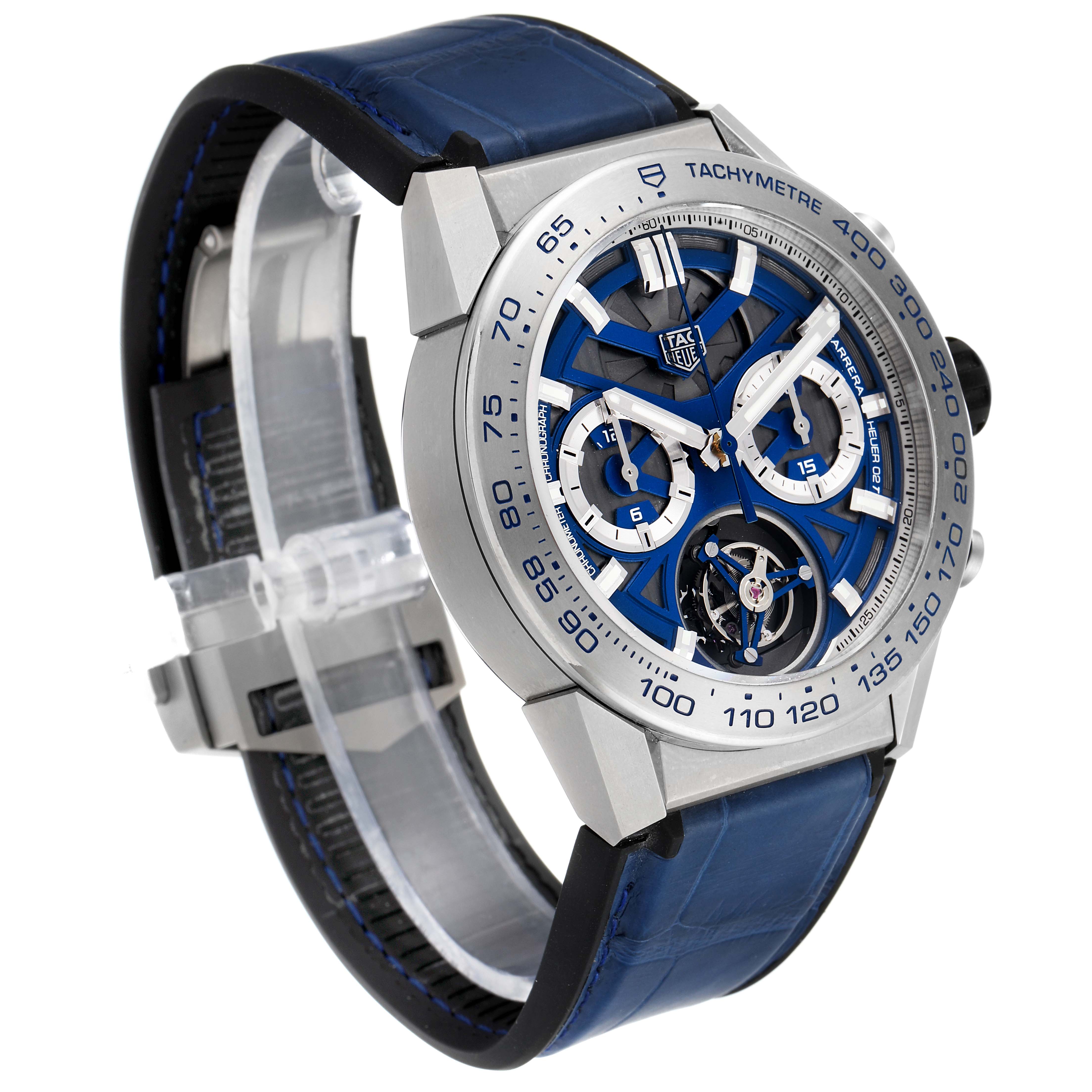 The image shows a Tag Heuer Carrera CAR5A8H.FC6448 Men's Titanium Blue Dial CAR5A8H.FC6448 Men's Titanium Blue Dial model watch at a slight angle, highlighting its face, bezel, and blue leather strap.