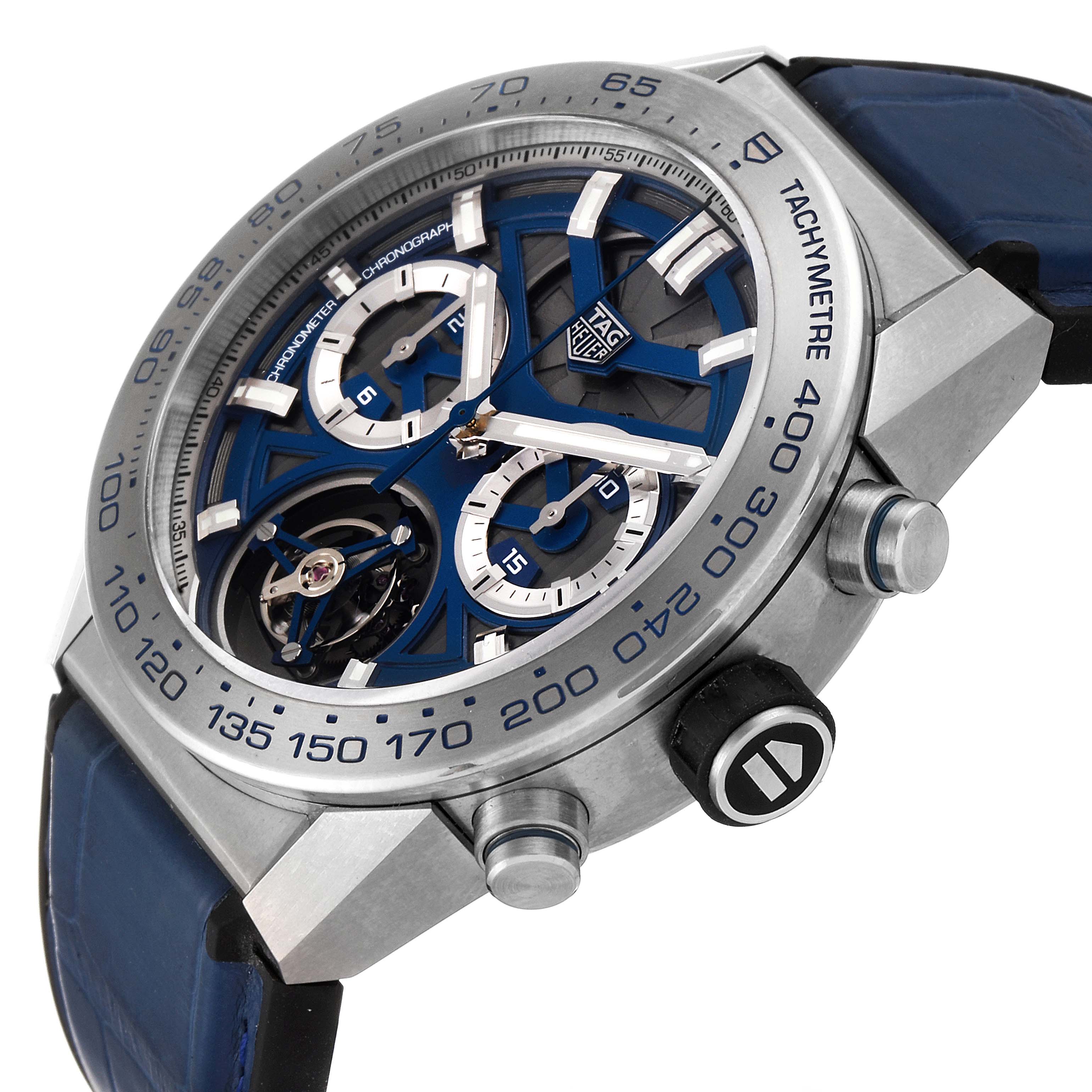 The image shows a Tag Heuer Carrera CAR5A8H.FC6448 Men's Titanium Blue Dial CAR5A8H.FC6448 Men's Titanium Blue Dial watch at an angled view, highlighting the dial, subdials, crown, and tachymeter bezel.