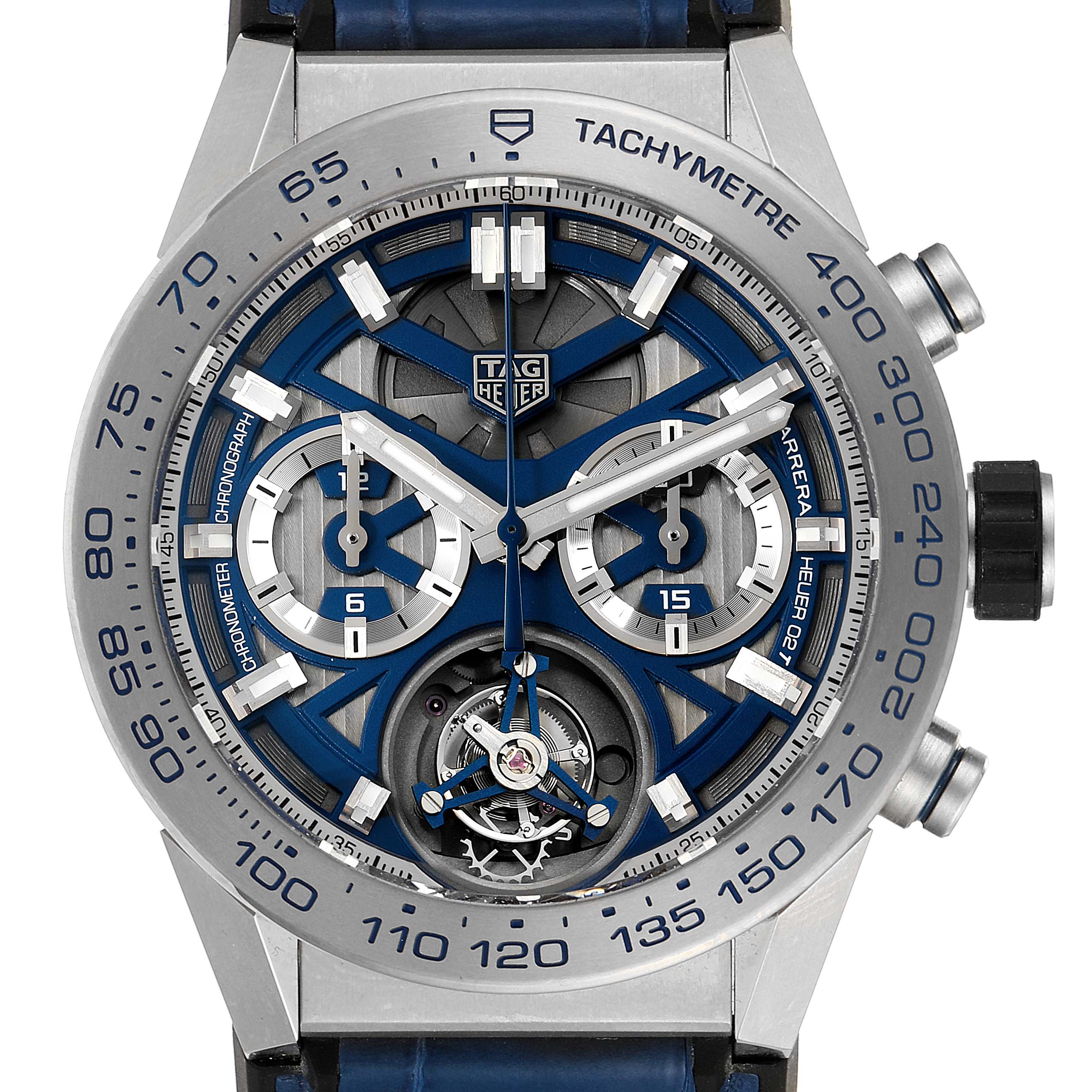 This image shows a Tag Heuer Carrera CAR5A8H.FC6448 Men's Titanium Blue Dial CAR5A8H.FC6448 Men's Titanium Blue Dial watch from a front view, highlighting its intricate dial, tachymeter, and stopwatch functions.