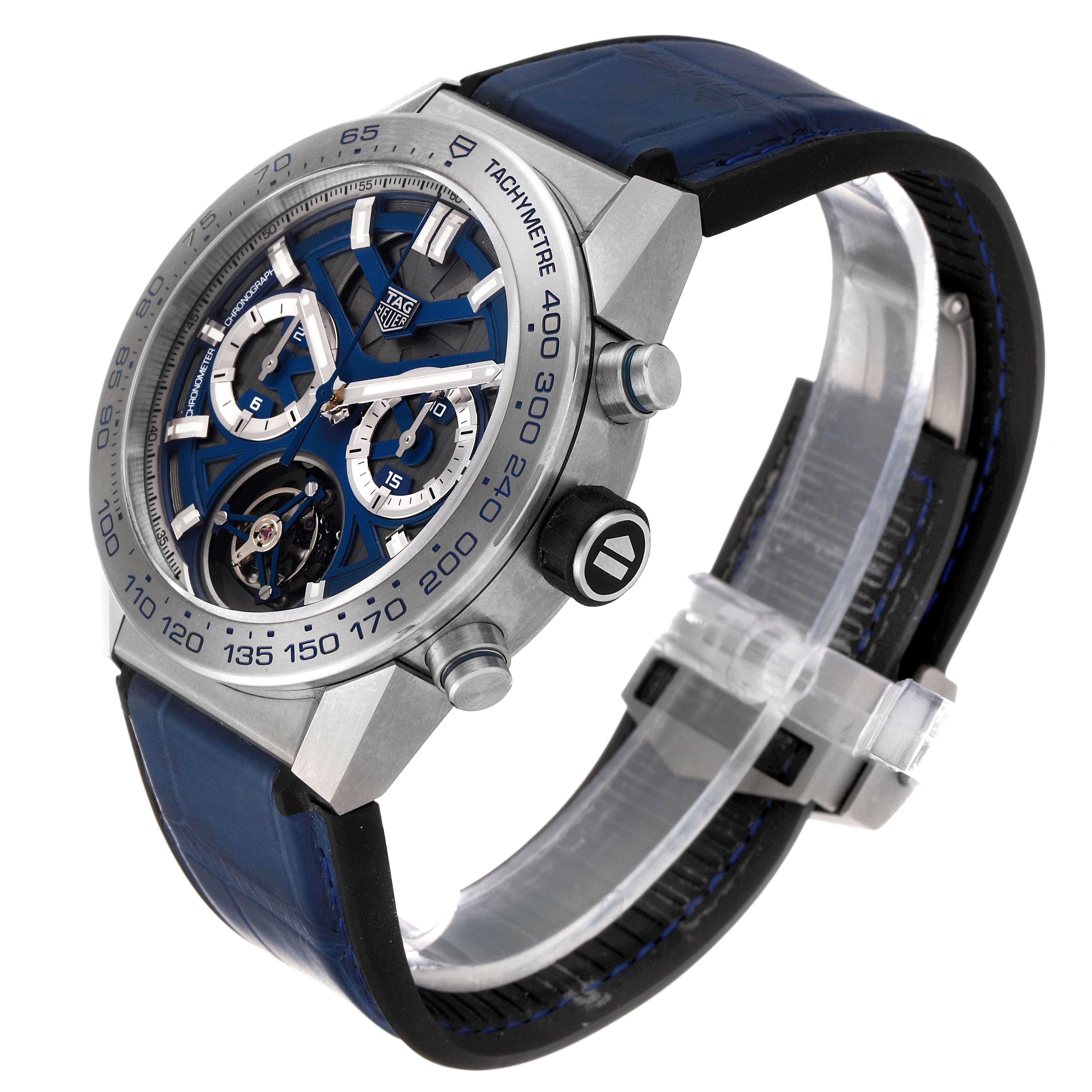 The image shows a side angle view of a Tag Heuer Carrera CAR5A8H.FC6448 Men's Titanium Blue Dial CAR5A8H.FC6448 Men's Titanium Blue Dial watch, highlighting the dial, bezel, crown, pushers, and strap.