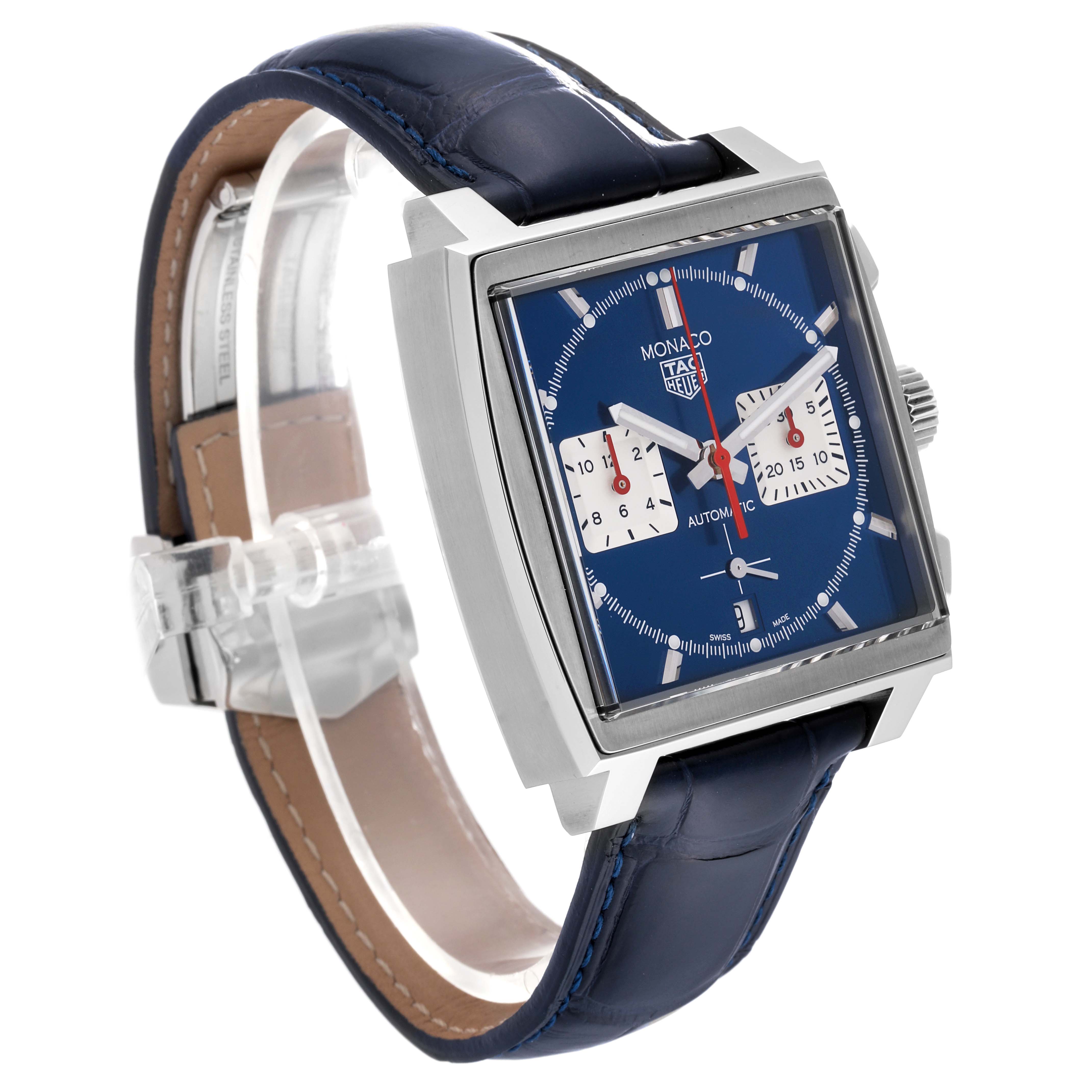 This image shows a Tag Heuer Monaco CBL2111.FC6453 Men's Stainless Steel Blue Dial CBL2111.FC6453 Men's Stainless Steel Blue Dial watch at an angled side view, highlighting its blue square dial, subdials, and leather strap.