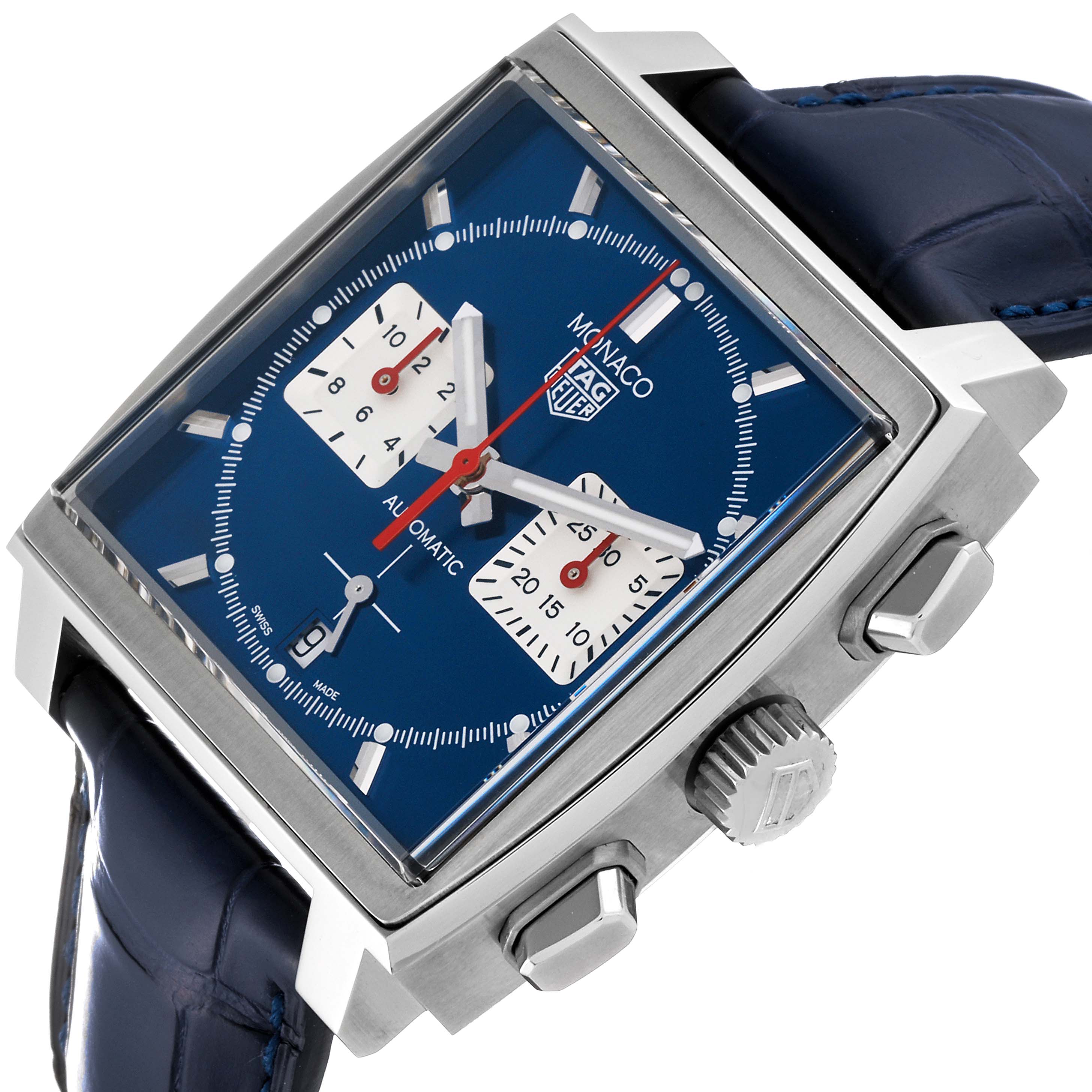 The image shows a Tag Heuer Monaco CBL2111.FC6453 Men's Stainless Steel Blue Dial CBL2111.FC6453 Men's Stainless Steel Blue Dial watch with a square face, blue dial, and two subdials, viewed at an angle highlighting the crown.