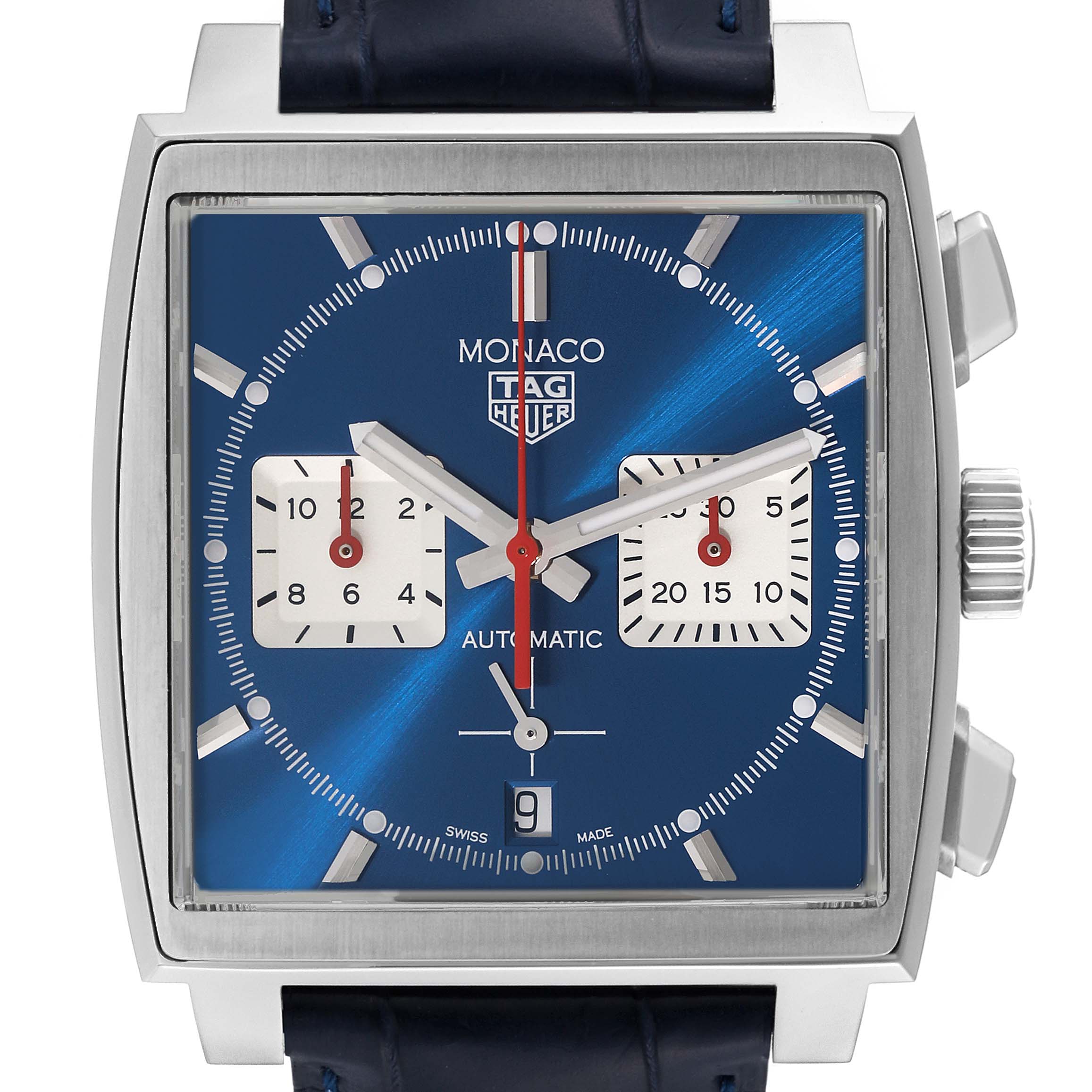 The image shows a front view of the Tag Heuer Monaco CBL2111.FC6453 Men's Stainless Steel Blue Dial CBL2111.FC6453 Men's Stainless Steel Blue Dial watch, highlighting its blue dial, square case, and subdials.