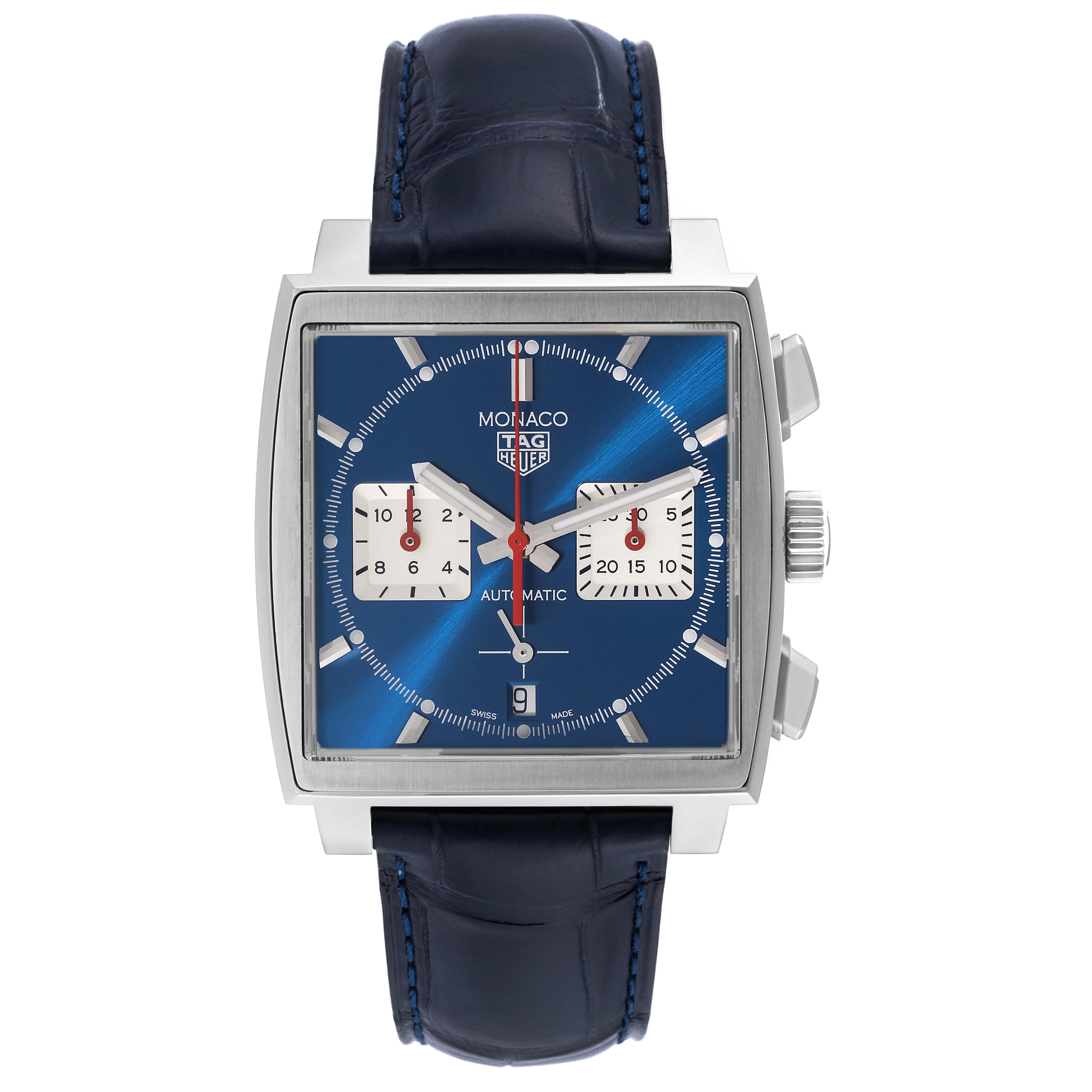 The image shows a front view of the Tag Heuer Monaco CBL2111.FC6453 Men's Stainless Steel Blue Dial CBL2111.FC6453 Men's Stainless Steel Blue Dial watch, displaying its blue square dial, chronograph subdials, and black leather strap.