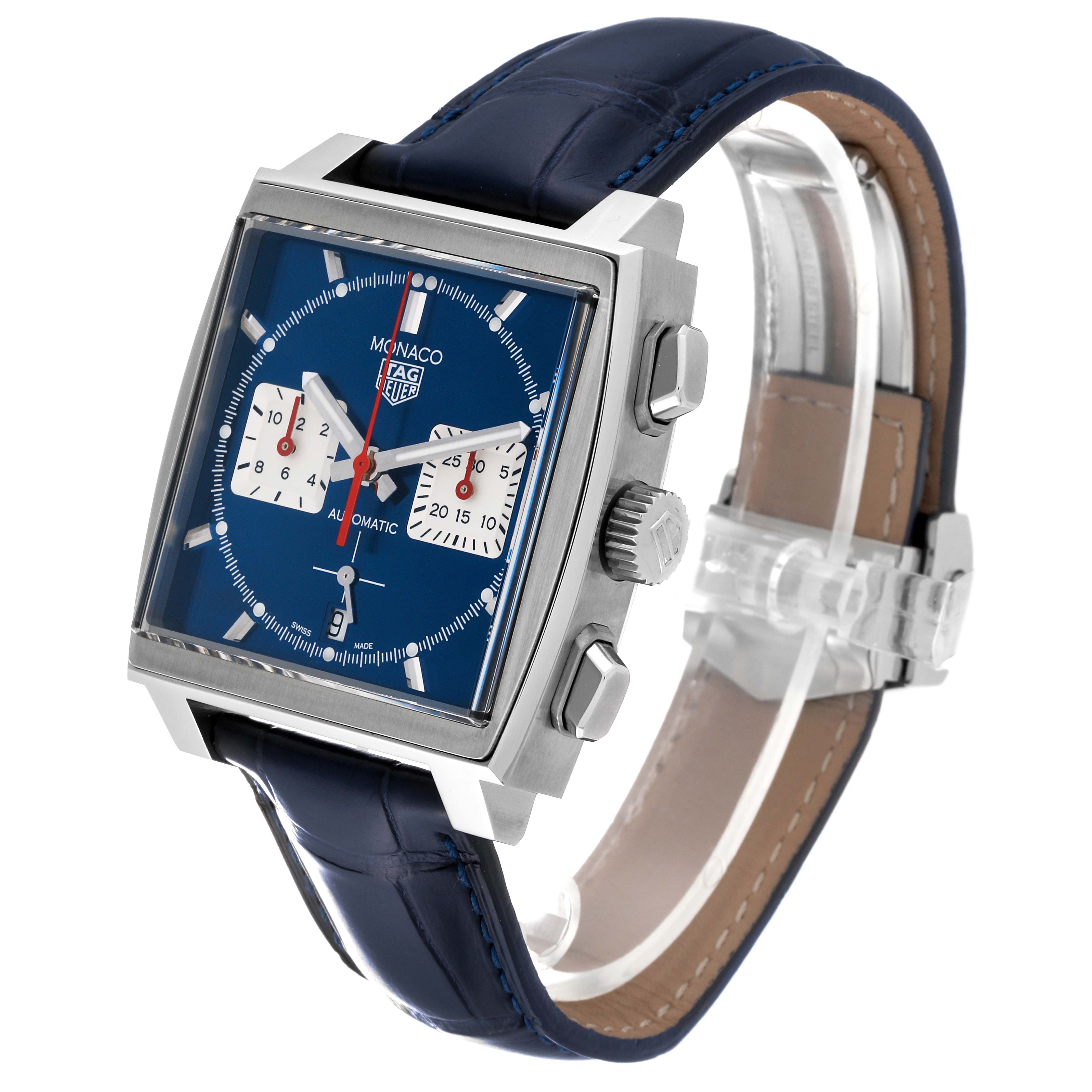 This image shows a Tag Heuer Monaco CBL2111.FC6453 Men's Stainless Steel Blue Dial CBL2111.FC6453 Men's Stainless Steel Blue Dial watch from a three-quarter angle highlighting its face, crown, and chronograph pushers.