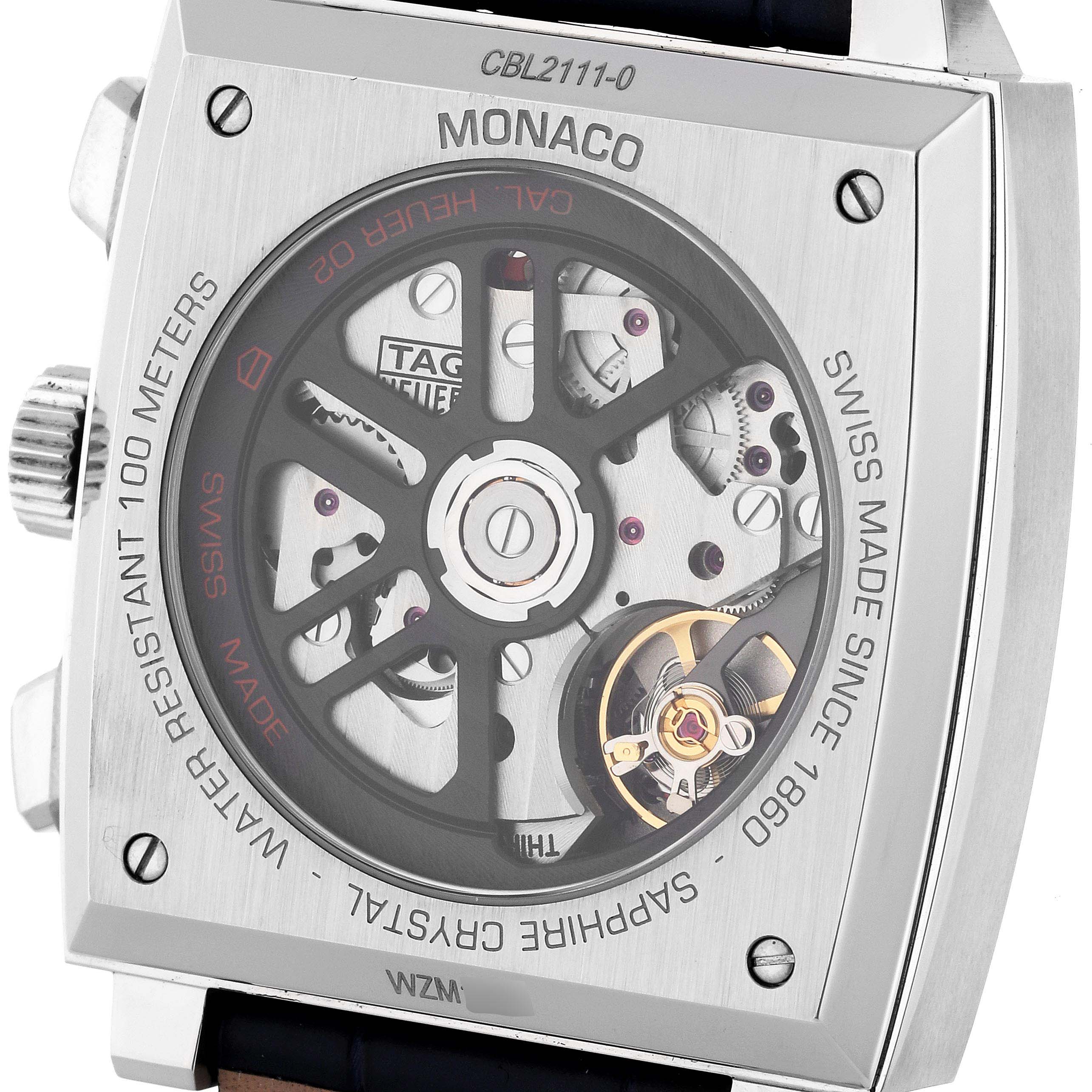 This image shows the back of a Tag Heuer Monaco CBL2111.FC6453 Men's Stainless Steel Blue Dial CBL2111.FC6453 Men's Stainless Steel Blue Dial watch, displaying its internal mechanical components and details.